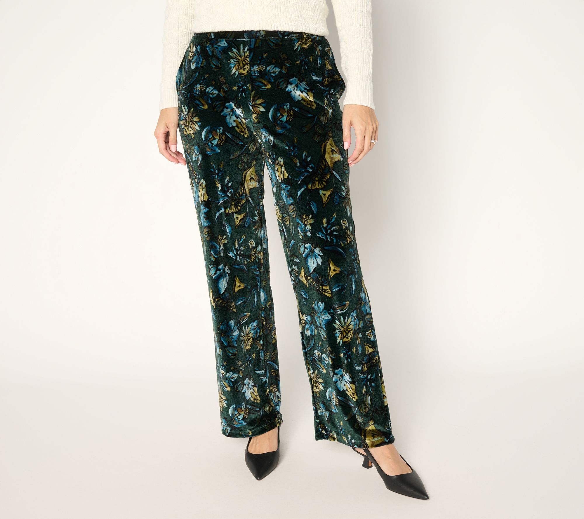 Susan Graver Petite Printed Stretch Velvet Pull-On Wide Leg Pants