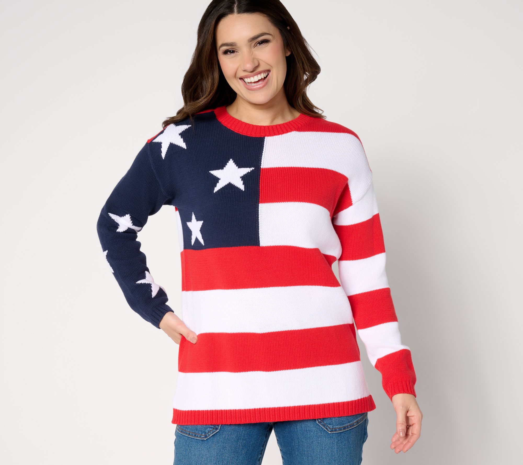 "As Is" Denim & Co. Americana 100% Cotton Drop Shoulder Flag Sweater