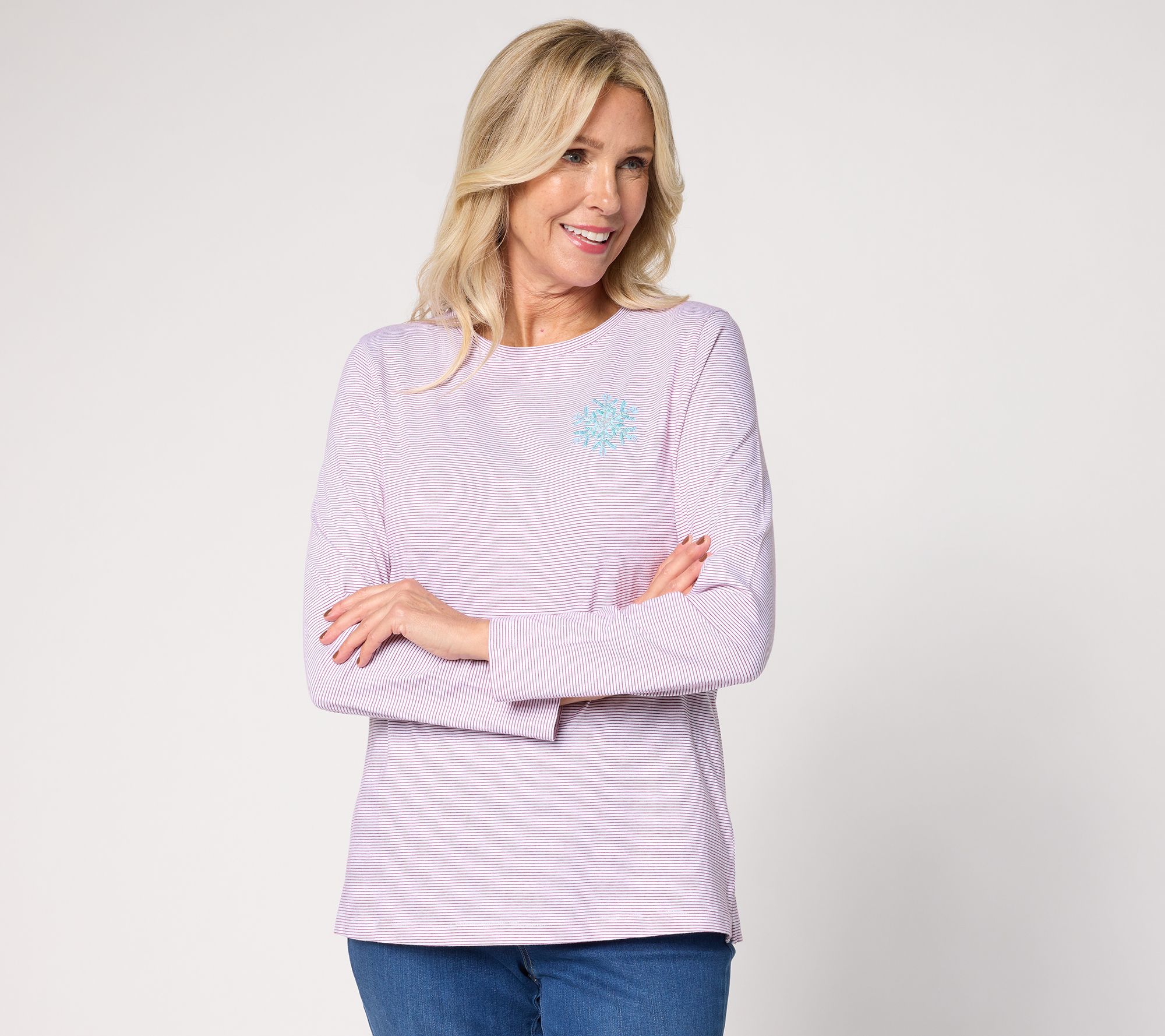 Denim & Co. 100% Cotton Stripe or Solid Snowflake Long Sleeve Top