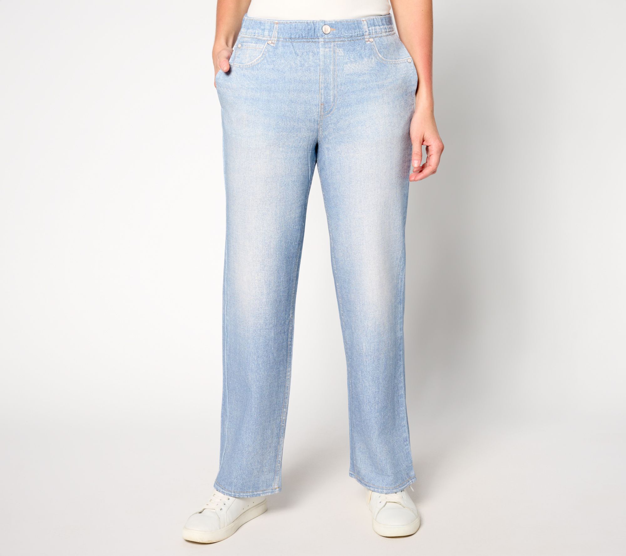 "As Is" AnyBody Petite Printed Denim Effect French Terry Wide Leg Pants