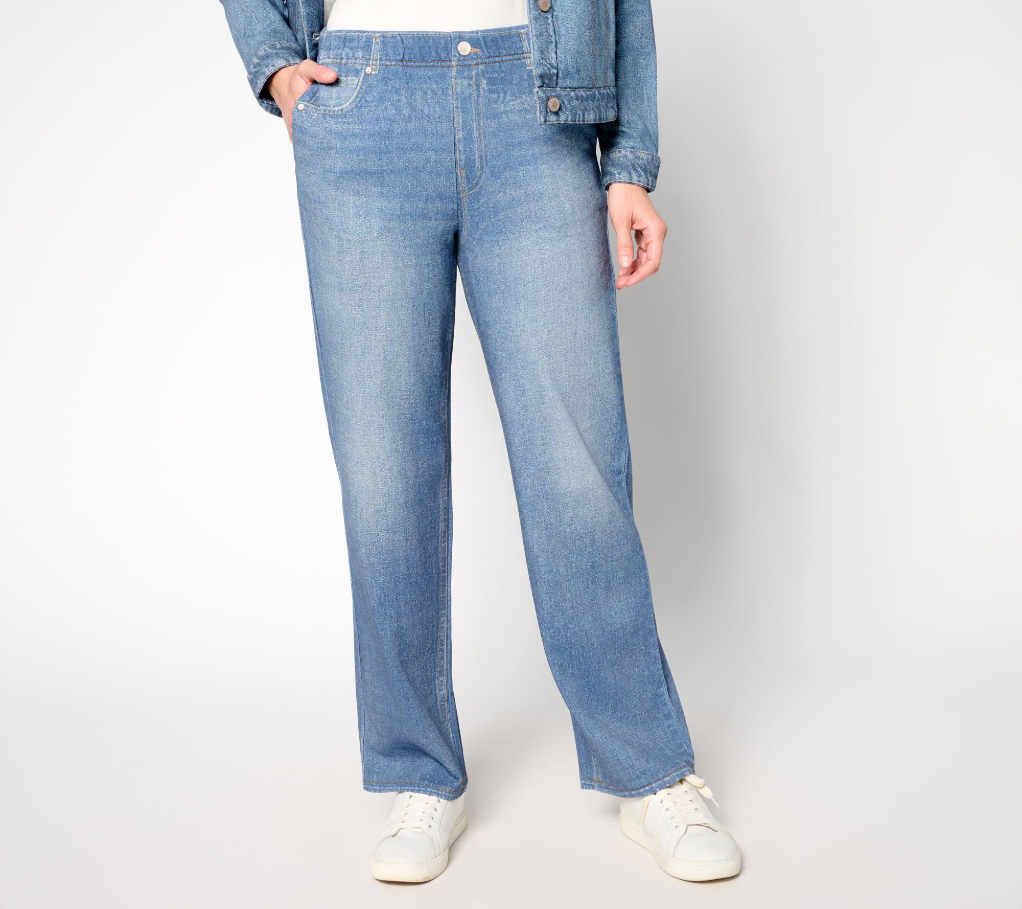 "As Is" AnyBody Petite Printed Denim Effect French Terry Wide Leg Pants