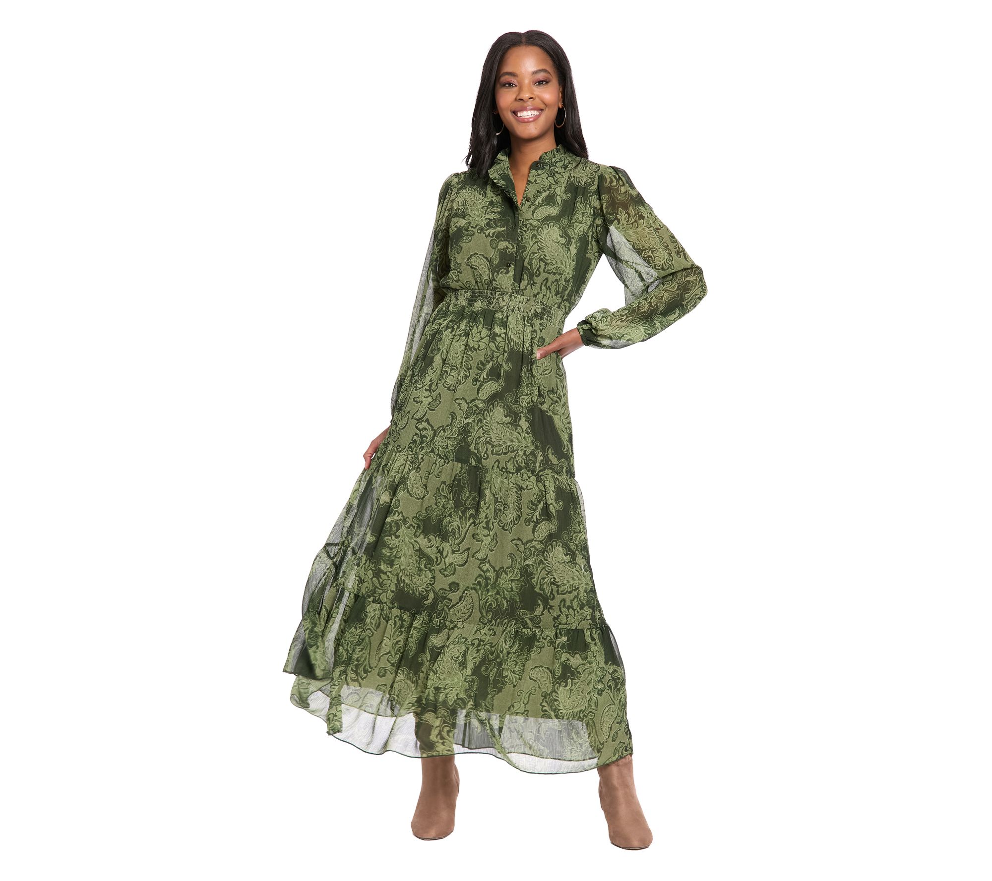 London Times Long Sleeve Printed Ruffle Maxi Dress