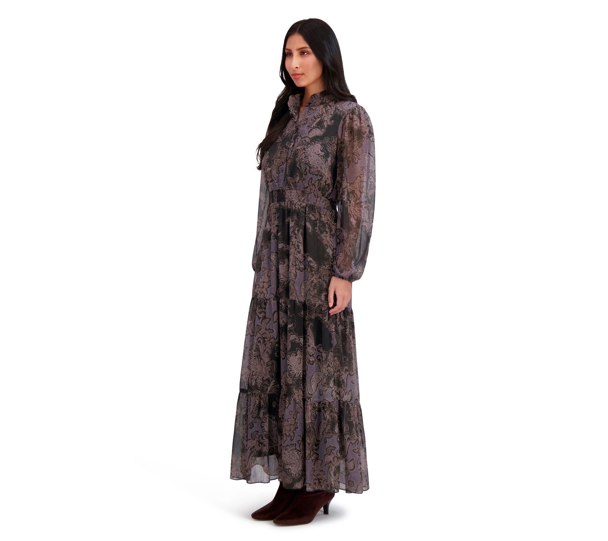 London Times Long Sleeve Printed Ruffle Maxi Dress
