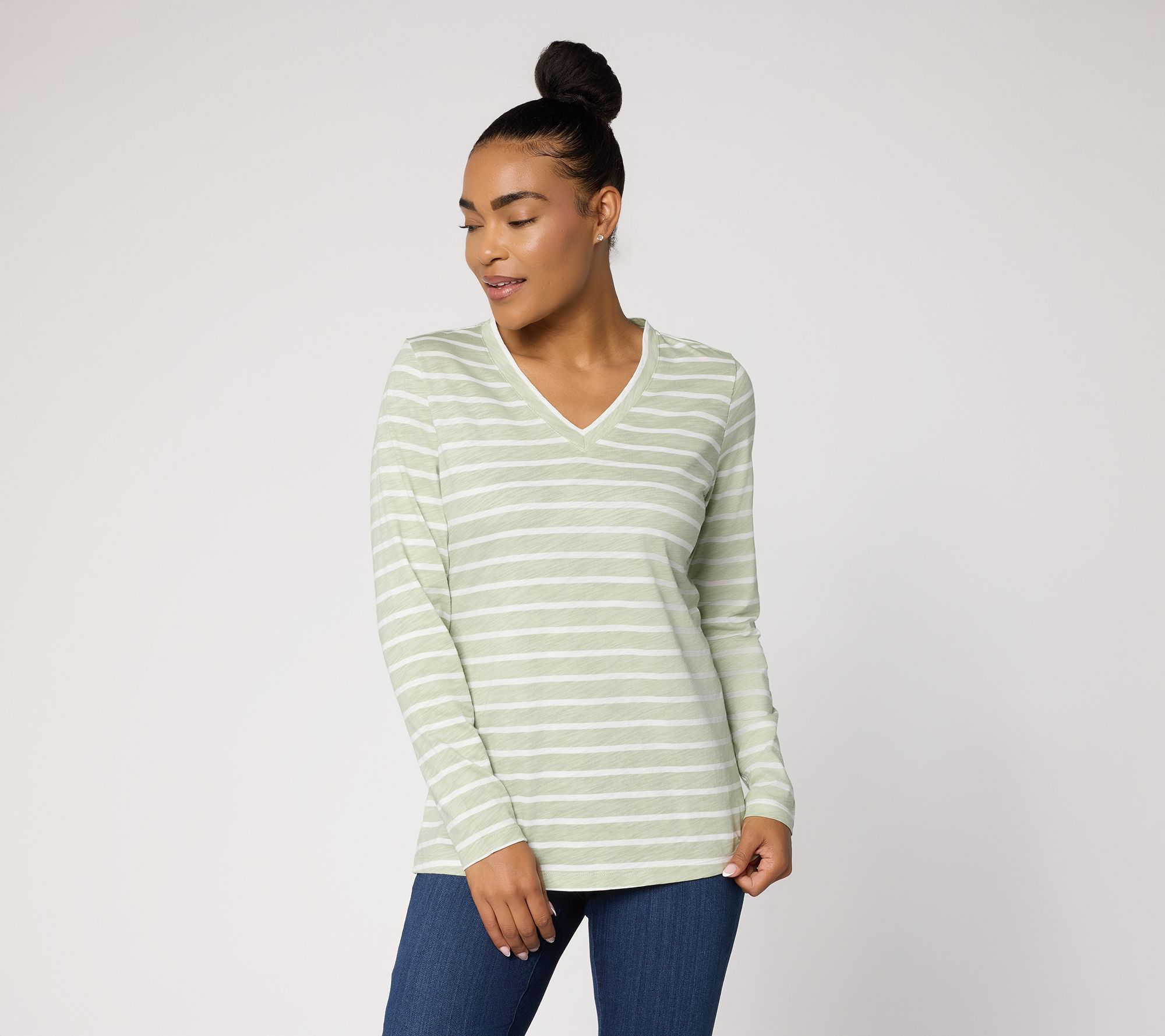  Belle by Kim Gravel Slub Knit Stripe V-Neck Top