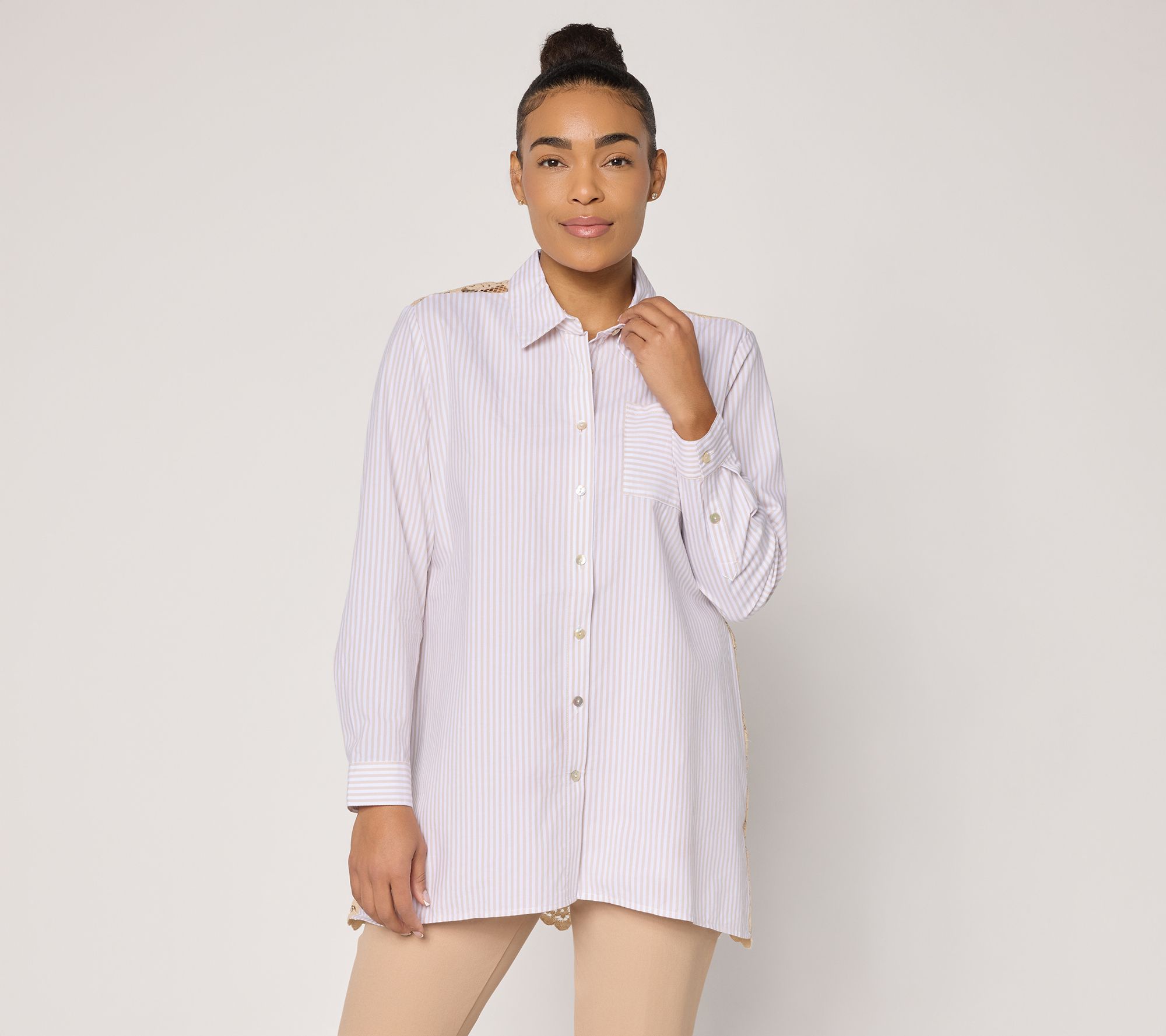 Susan Graver Regular Tencel Cotton Stripe Tunic w/ Lace Back