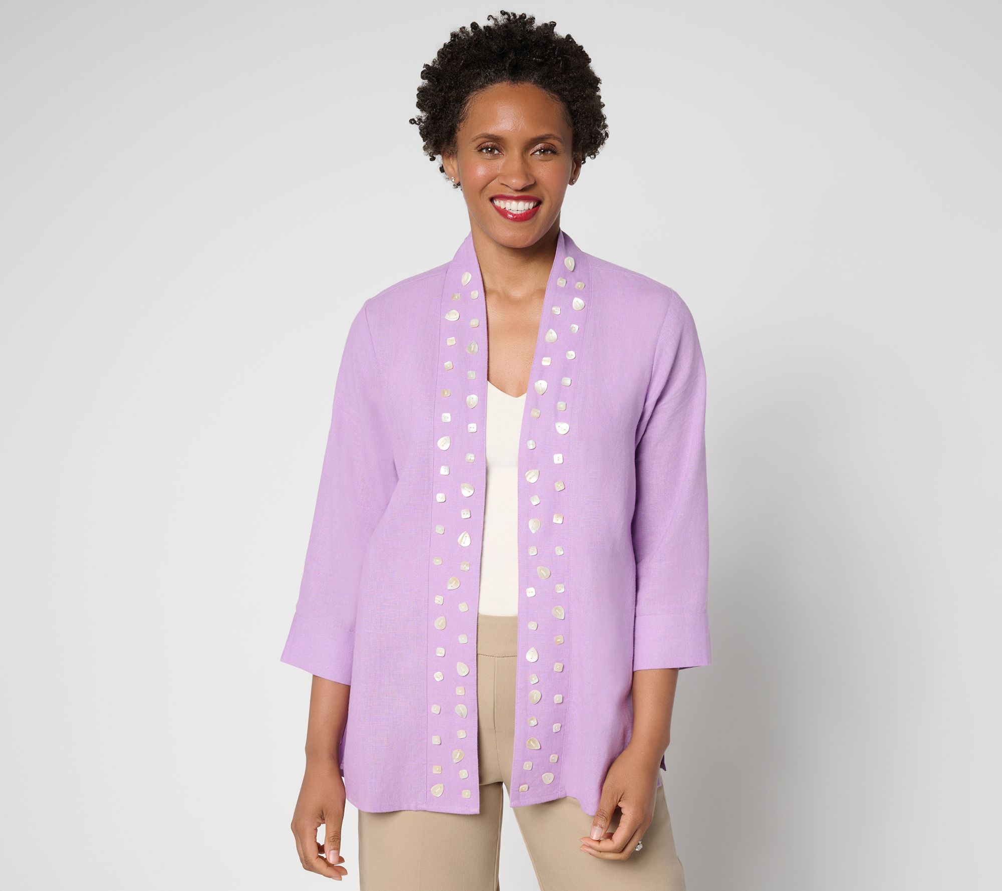 "As Is" GRAVER Susan Graver Reg Linen Open Front Cardigan w/Embellishment