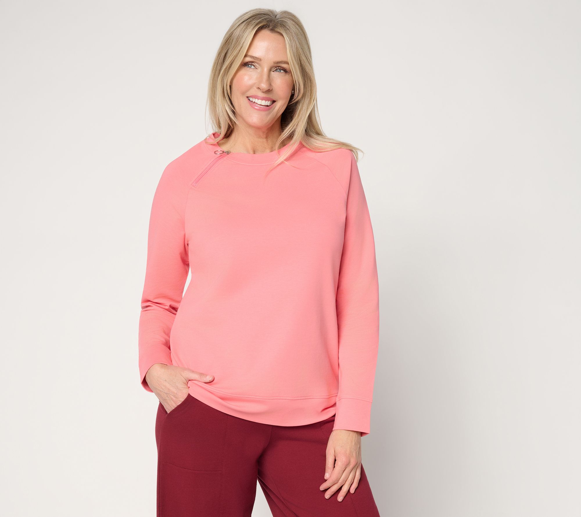 Denim & Co. French Terry Raglan Zip Crew Neck Pullover Top