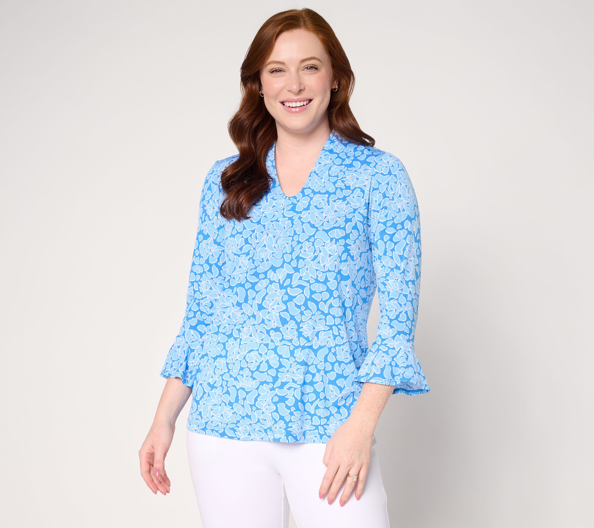 Susan Graver Printed Liquid Knit Voop-Neck Top with Flutter Sleeves