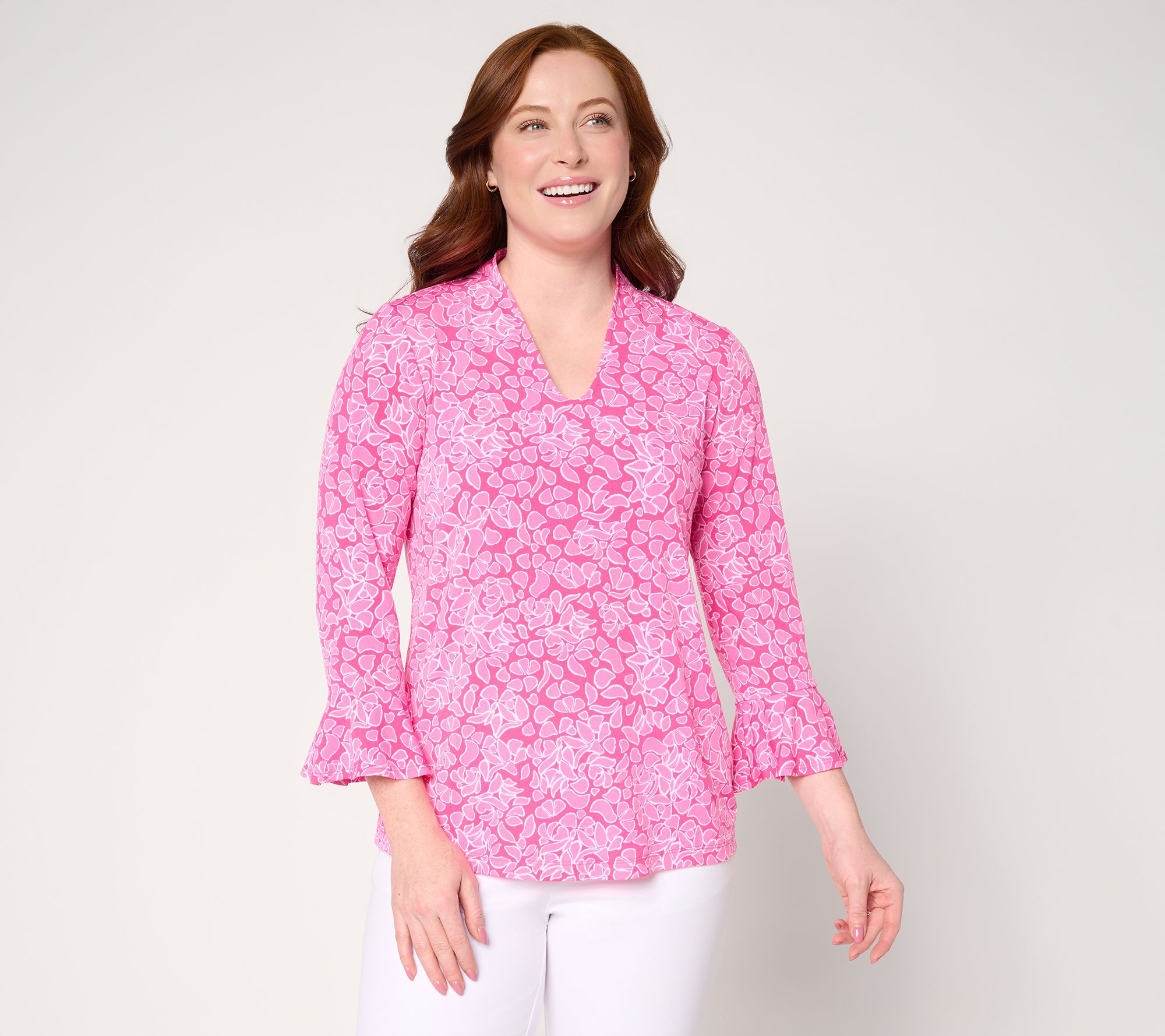 Susan Graver Printed Liquid Knit Voop-Neck Top with Flutter Sleeves