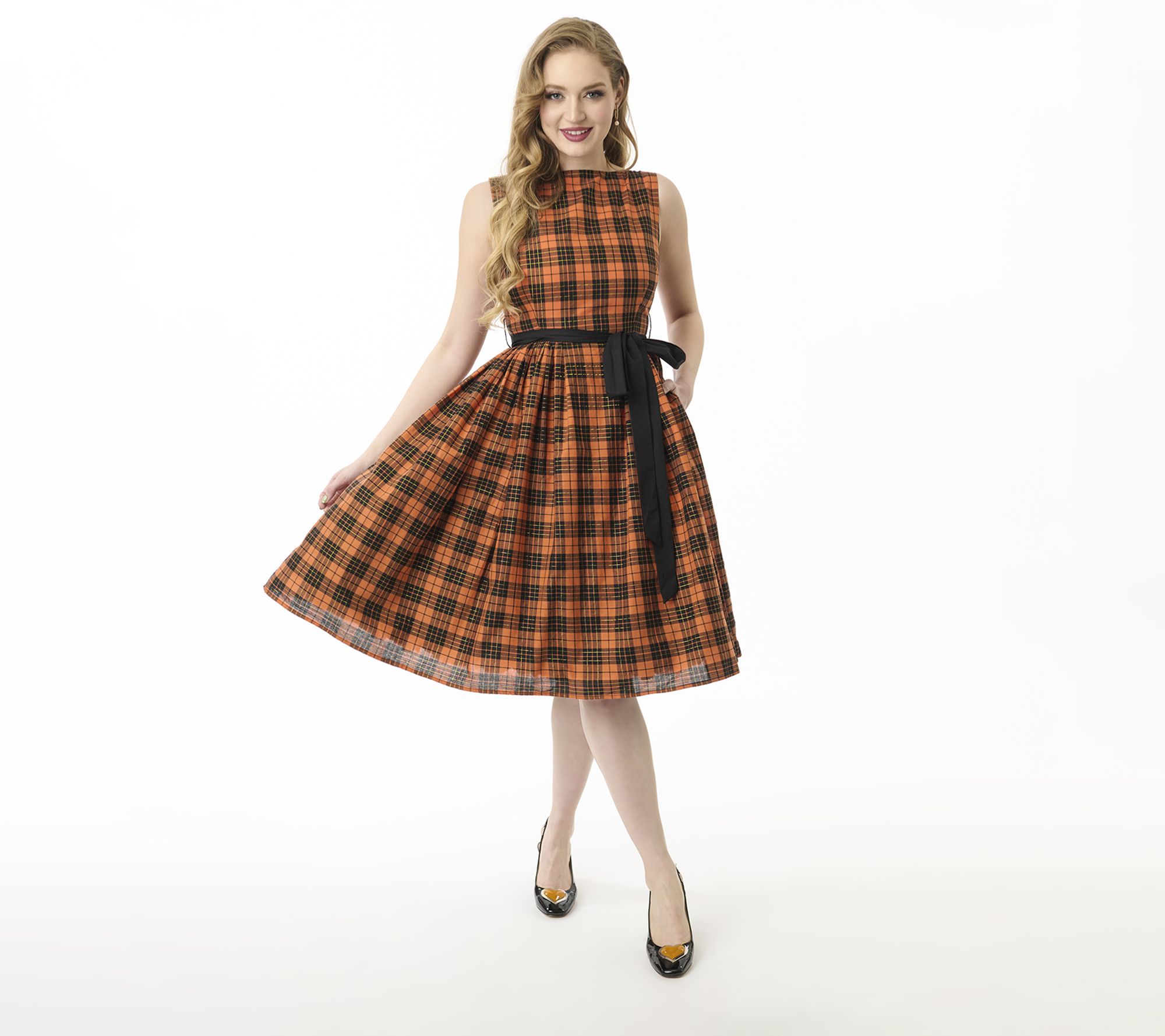  Unique Vintage Orange Plaid Sleeveless Cotton Swing Dress