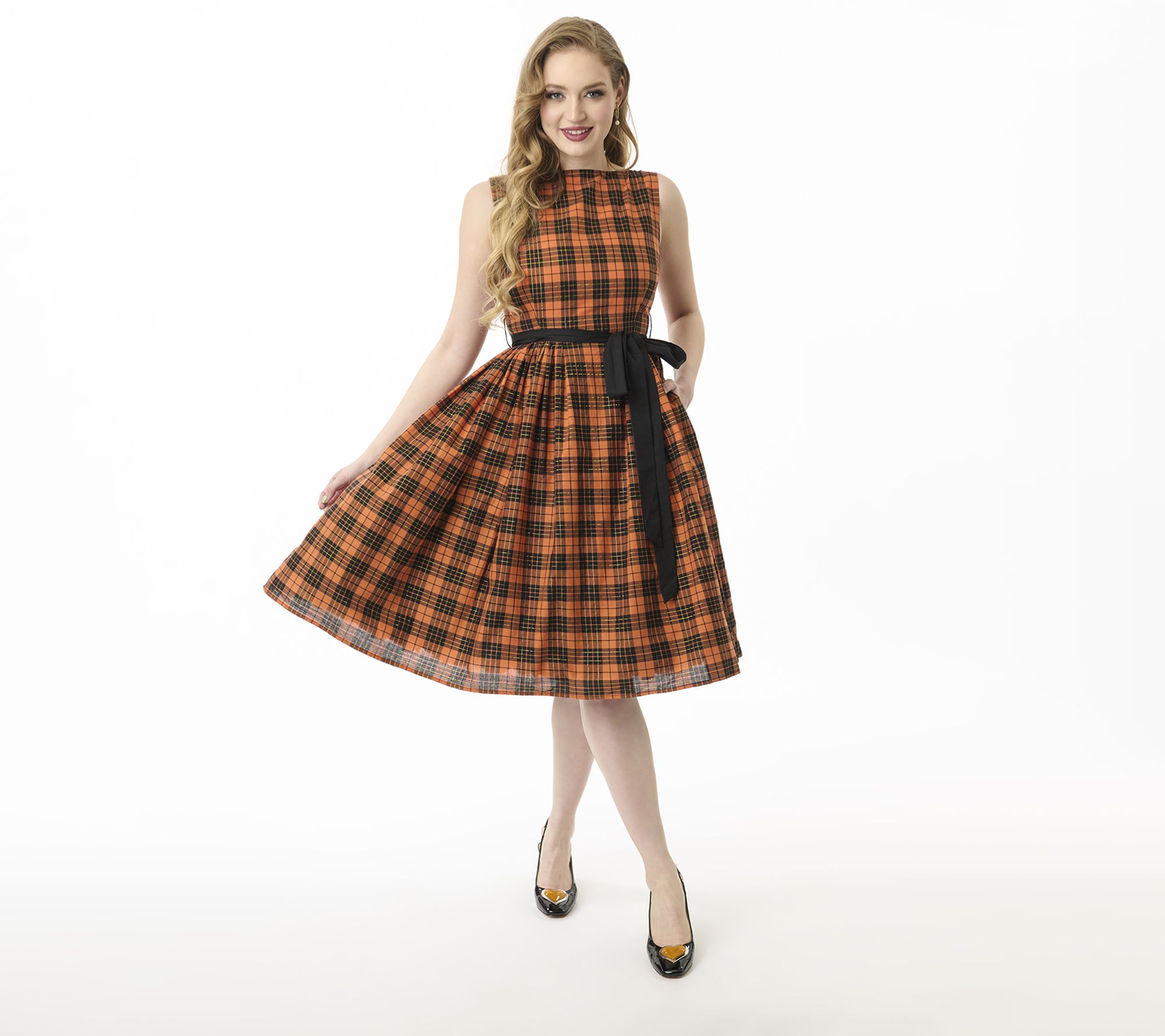 Unique Vintage Orange Plaid Sleeveless Cotton Swing Dress