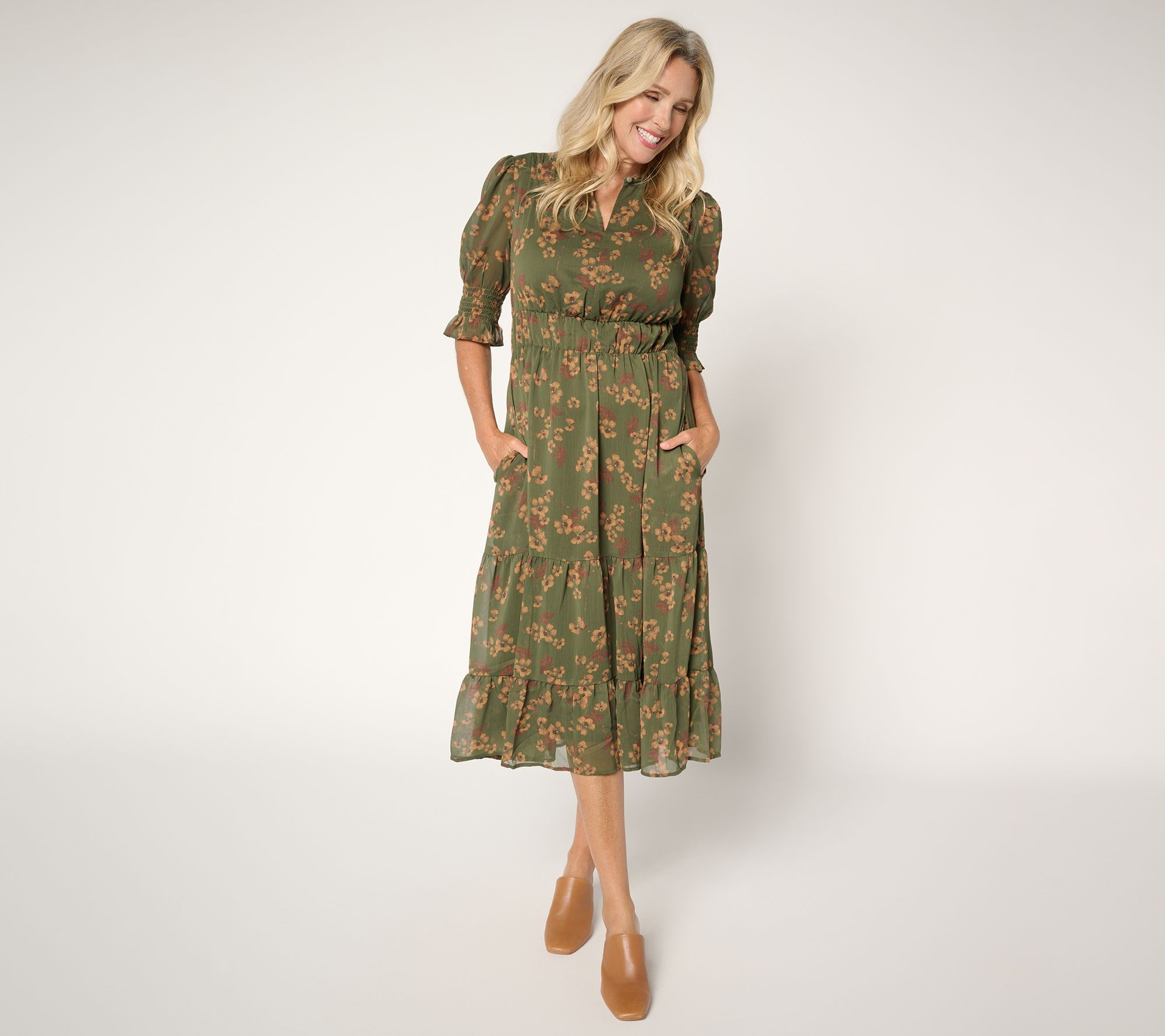 "As Is" Ree by The Pioneer Woman Regular Printed Tiered Puff Slv Dress