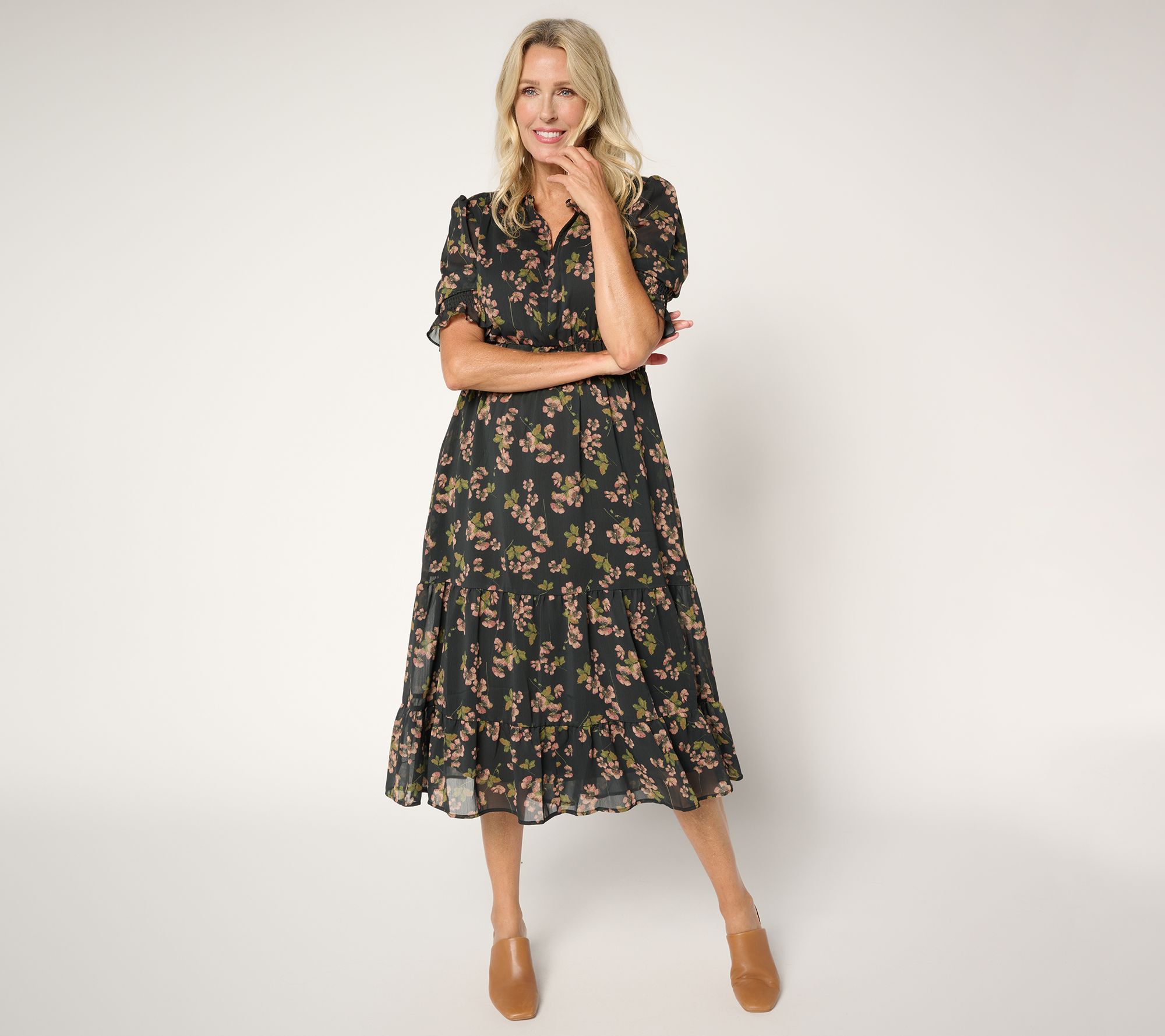 "As Is" Ree by The Pioneer Woman Regular Printed Tiered Puff Slv Dress