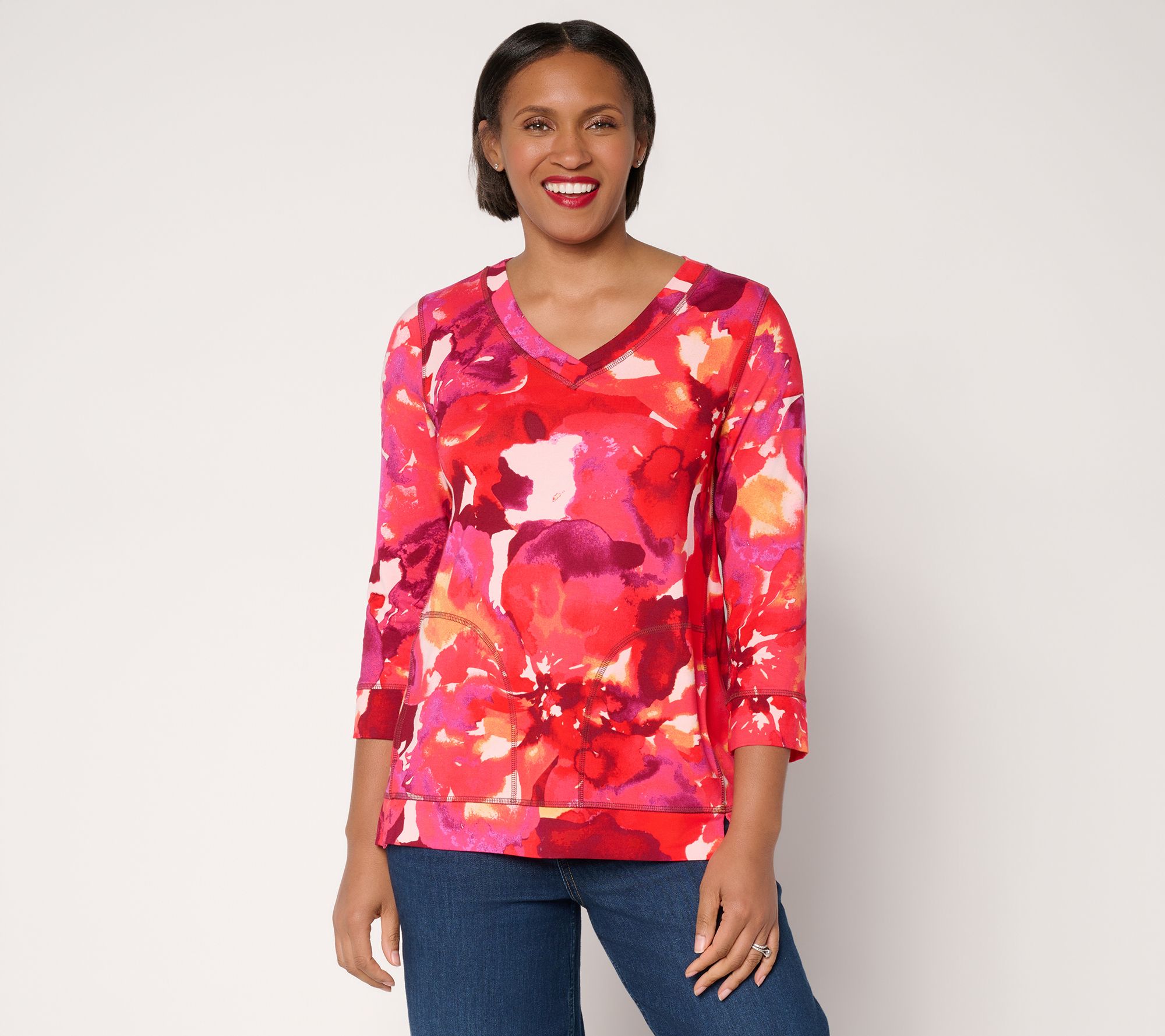 LOGO by Lori Goldstein Rayon 230 Printed V-Neck 3/4 Sleeve Top