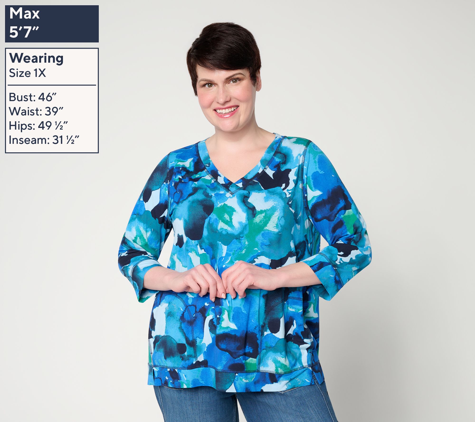 LOGO by Lori Goldstein Rayon 230 Printed V-Neck 3/4 Sleeve Top