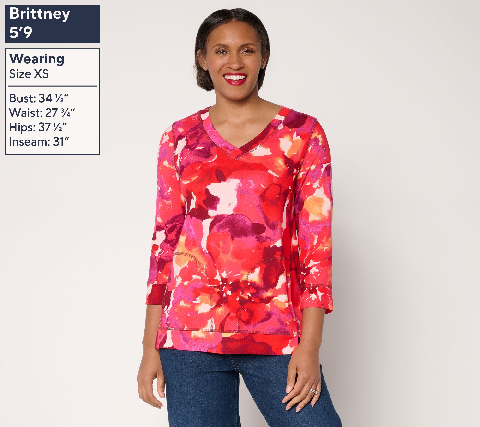 LOGO by Lori Goldstein Rayon 230 Printed V-Neck 3/4 Sleeve Top