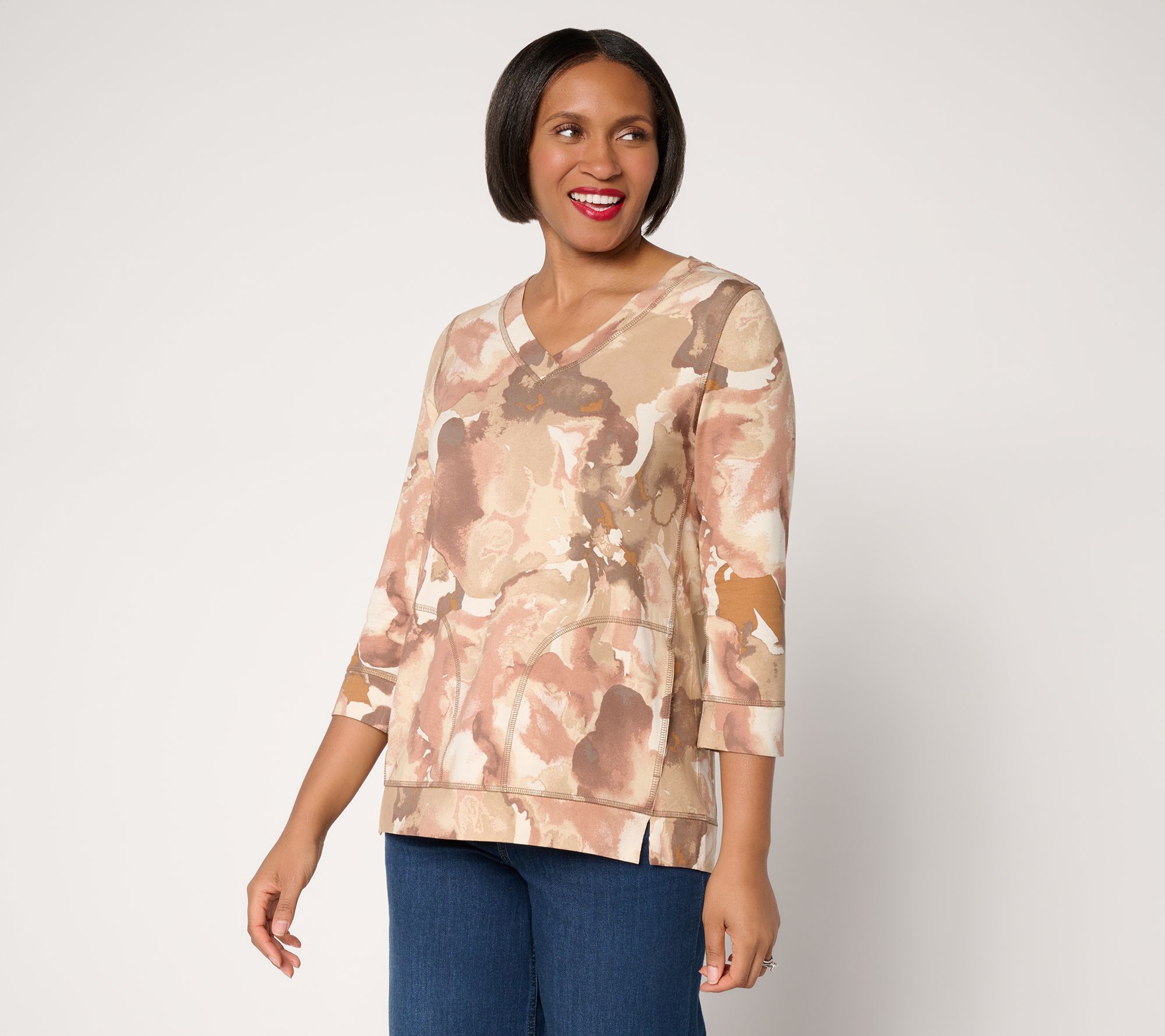 LOGO by Lori Goldstein Rayon 230 Printed V-Neck 3/4 Sleeve Top