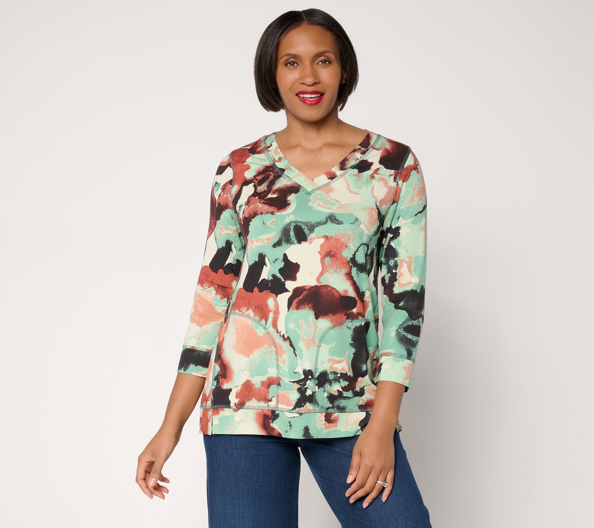 LOGO by Lori Goldstein Rayon 230 Printed V-Neck 3/4 Sleeve Top