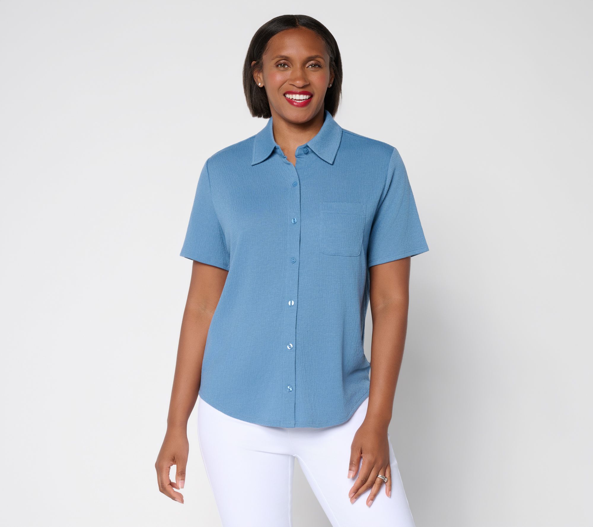 Denim & Co. Knit Gauze Button Front Short Sleeve Top - QVC.com