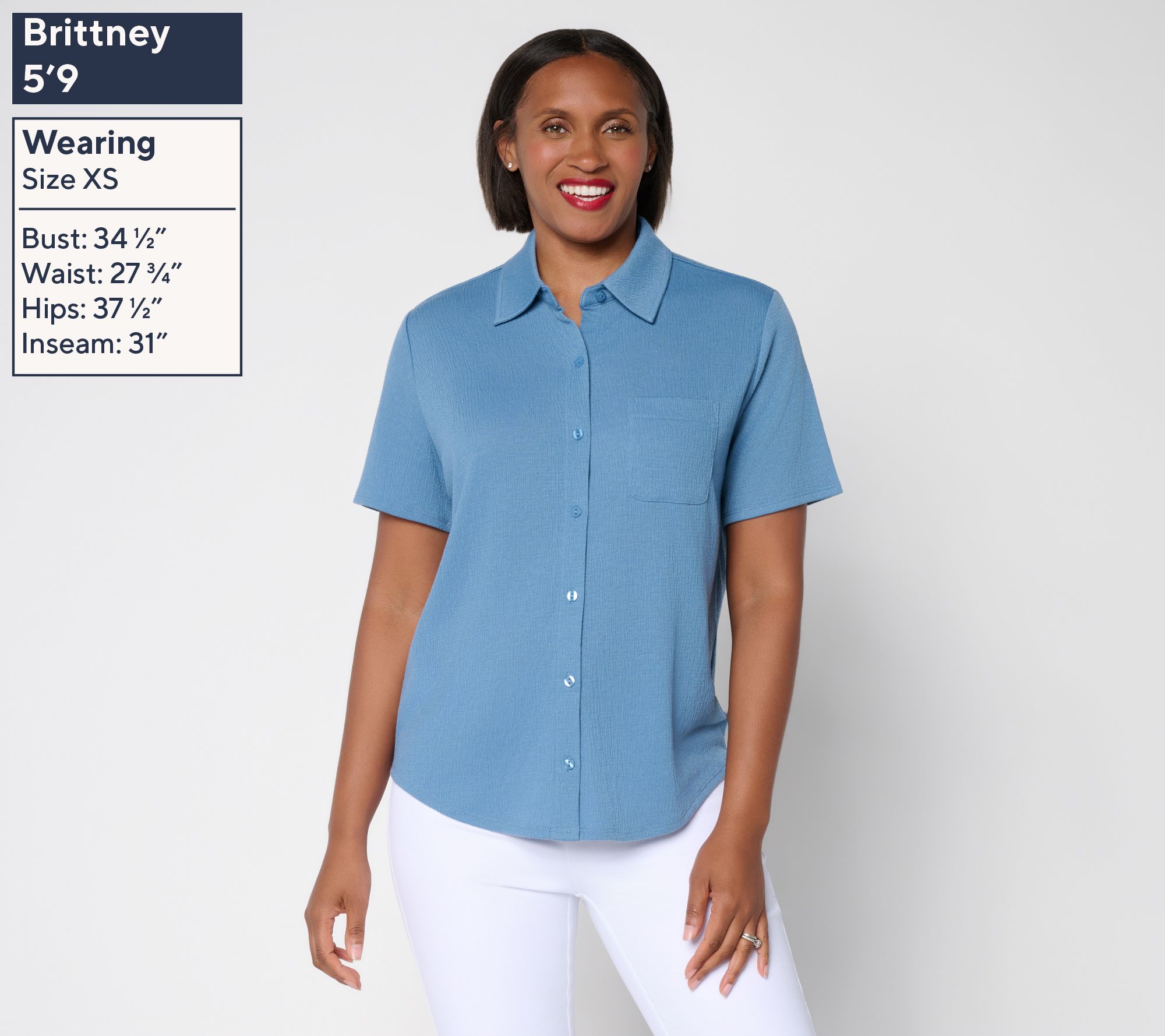 トップス NC Denim & Co. Knit Gauze Button Front Short Sleeve Top - QVC.com