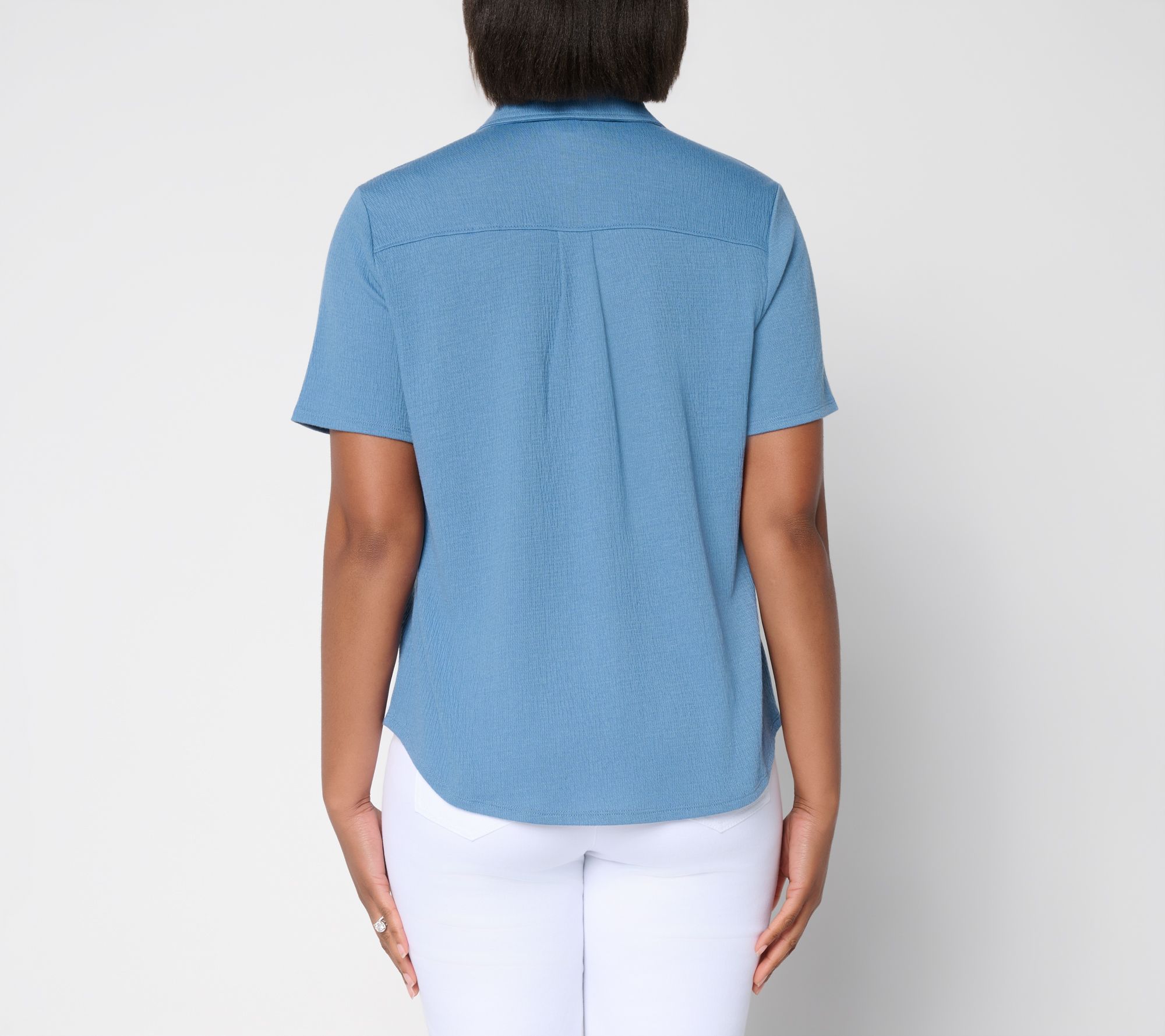 Denim & Co. Knit Gauze Button Front Short Sleeve Top - QVC.com