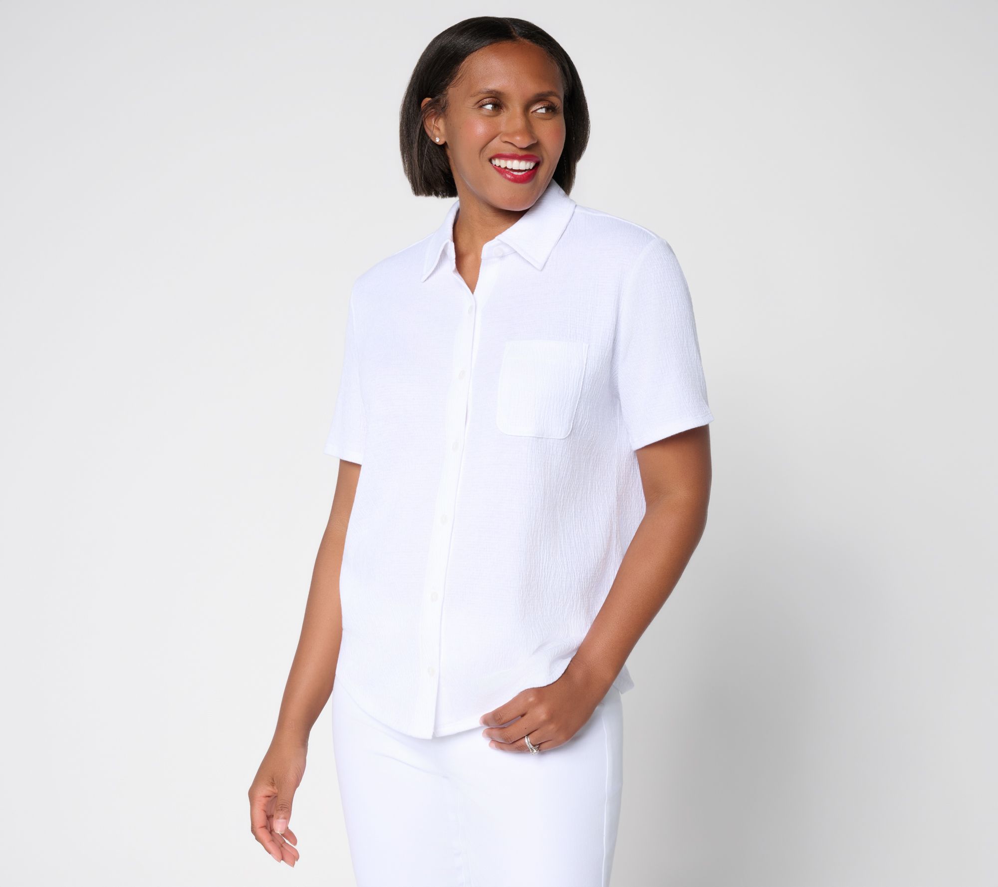 Denim & Co. Knit Gauze Button Front Short Sleeve Top