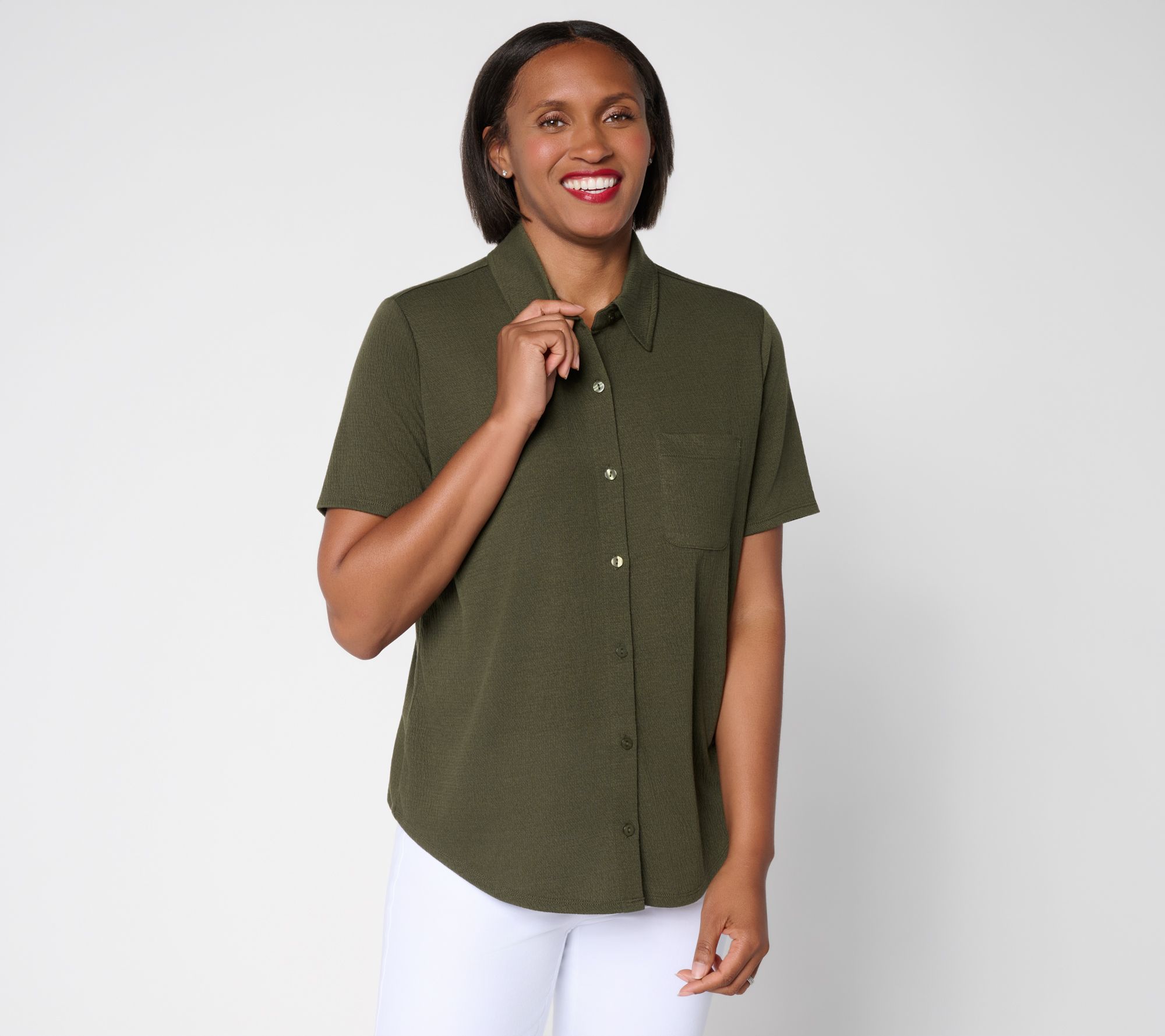 Denim & Co. Knit Gauze Button Front Short Sleeve Top