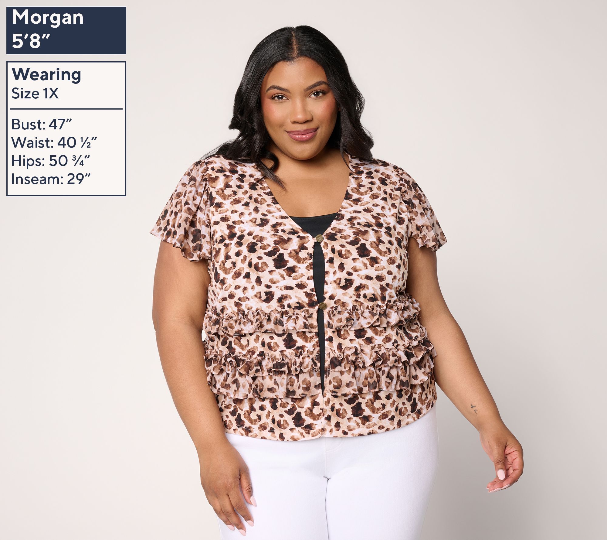 Susan Graver Printed Liquid Knit and Sheer Woven Ruffle Accent