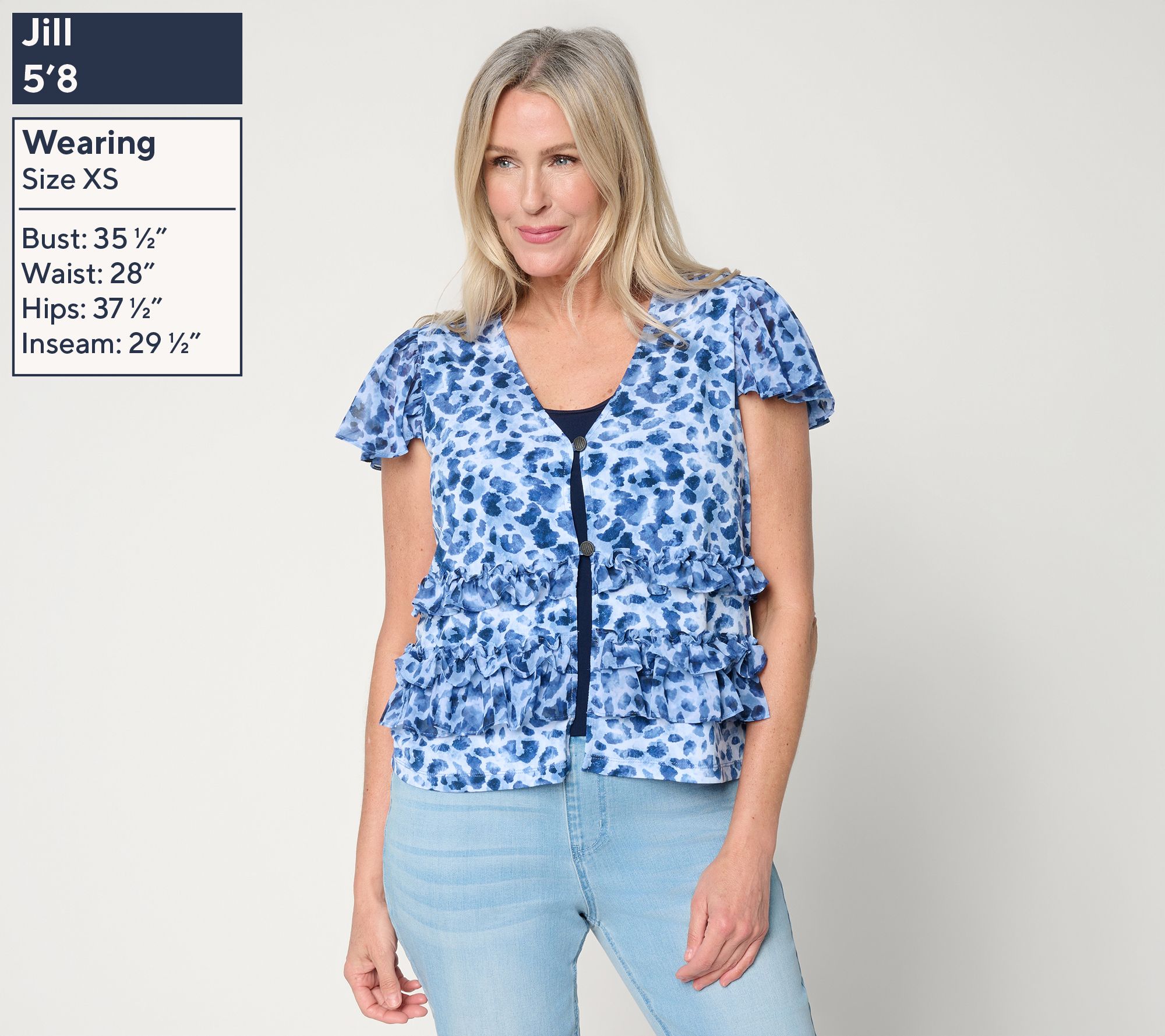 Susan Graver Printed Liquid Knit and Sheer Woven Ruffle Accent