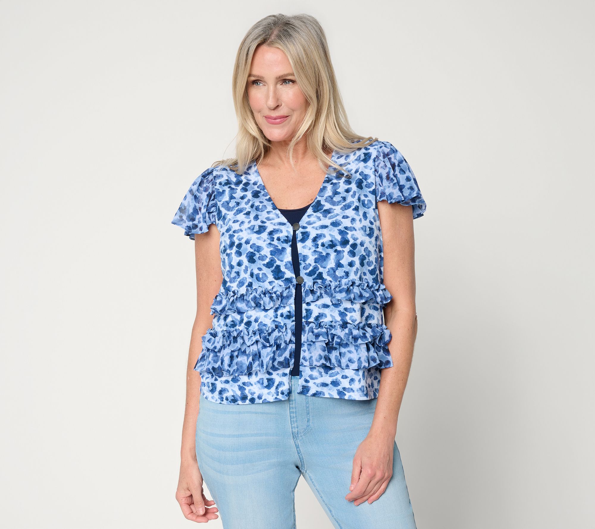 Susan Graver Printed Liquid Knit and Sheer Woven Ruffle Accent Shrug