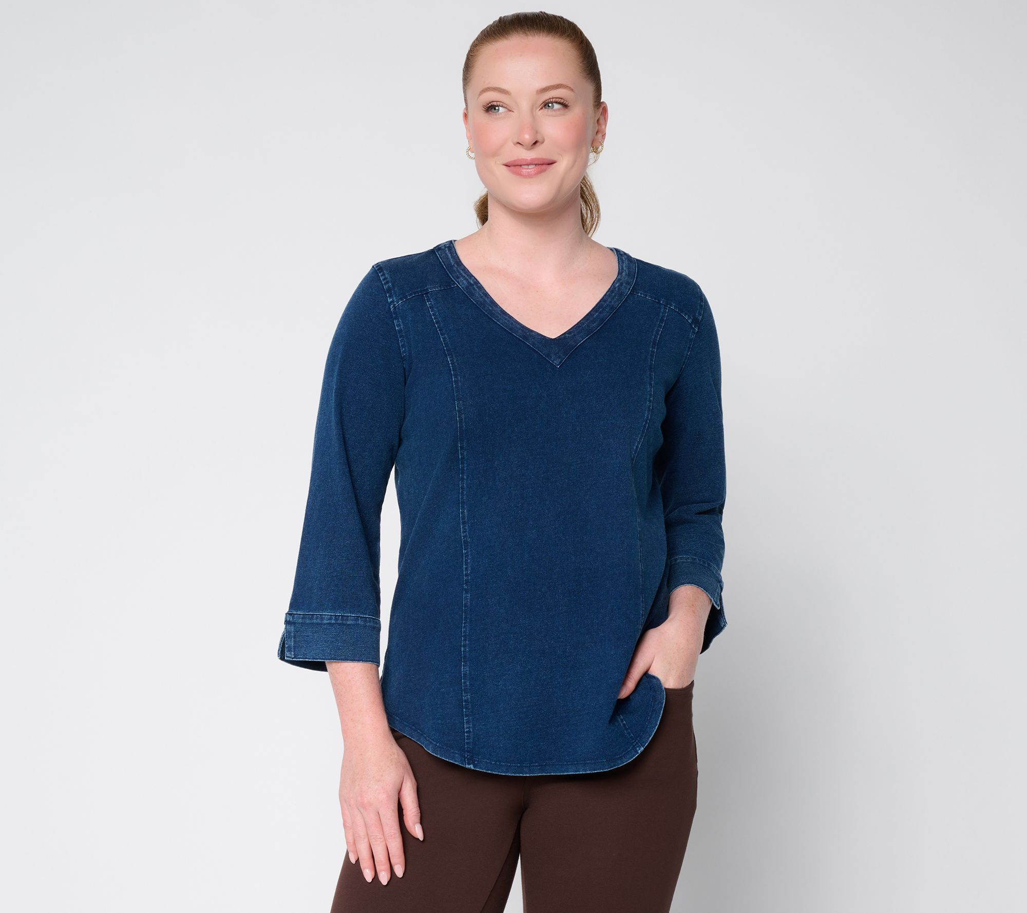 Belle by Kim Gravel Freestyle Knit Denim V Neck Top