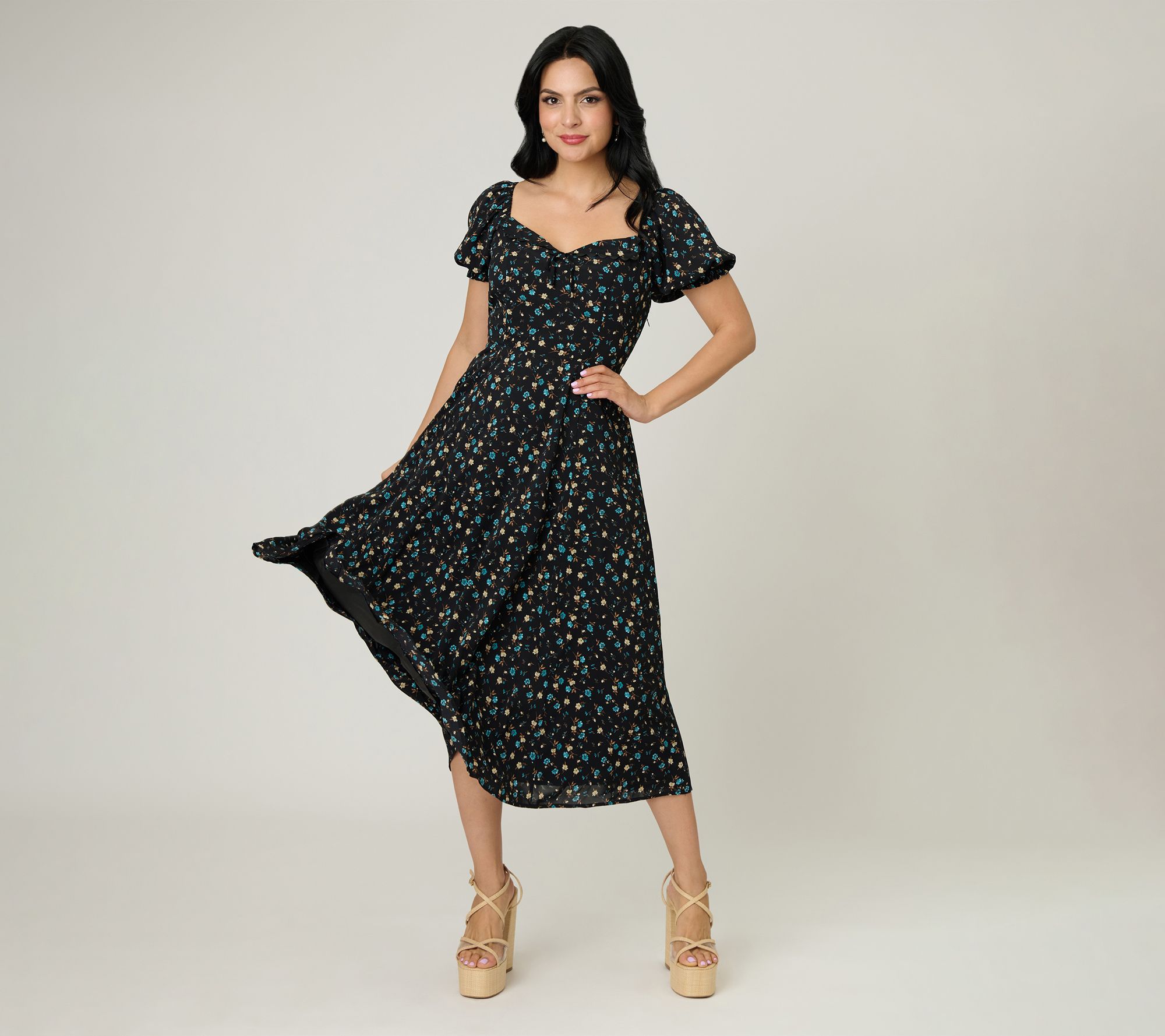 Unique Vintage Black & Blue Floral Puff SleeveMidi Dress