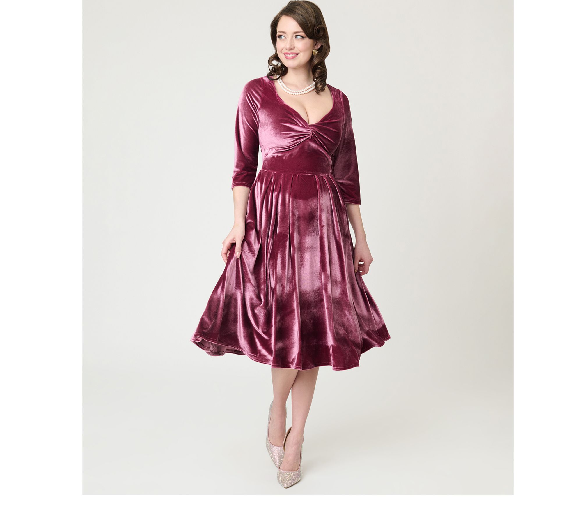 Unique Vintage Mauve Velvet Front Twist Swing Dress