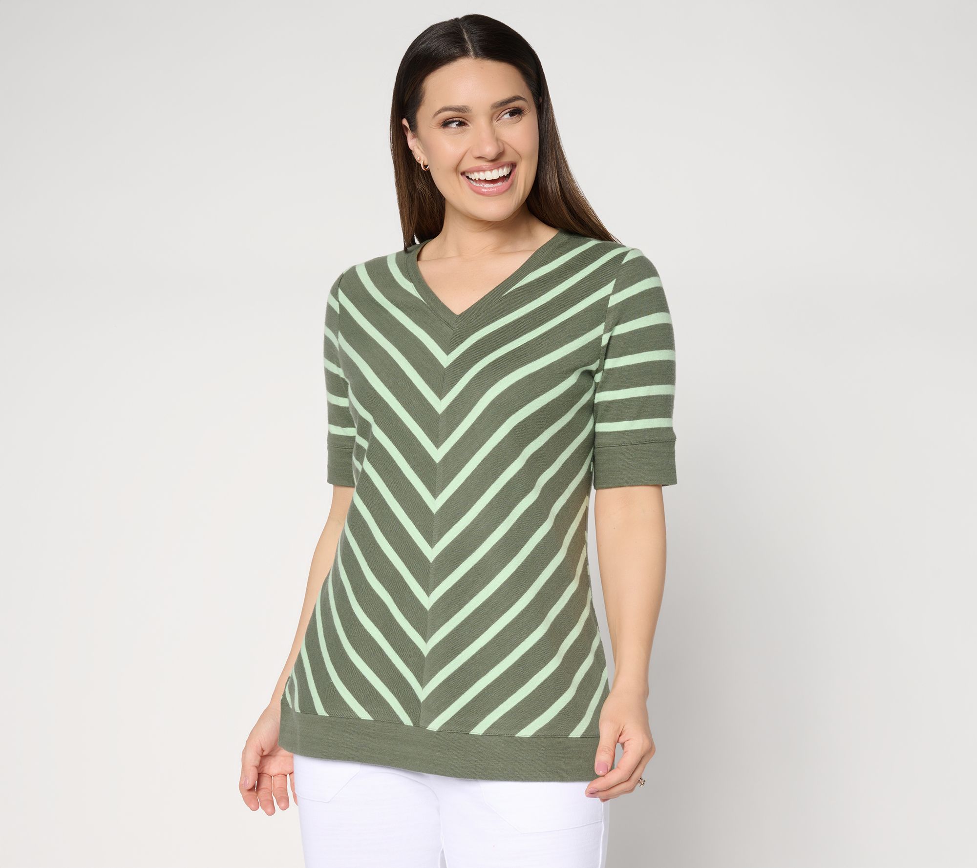 "As Is" Denim & Co. Active Striped Textured Cotton V-Neck Top