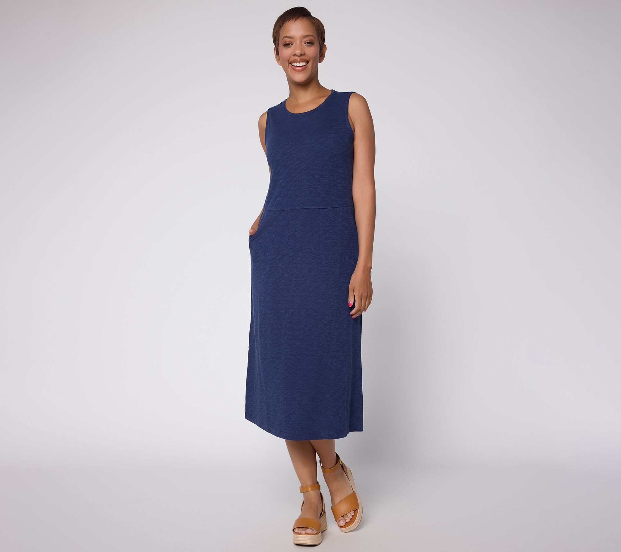 "As Is" Denim & Co. Regular Cotton Slub Midi Dress w/ Pockets