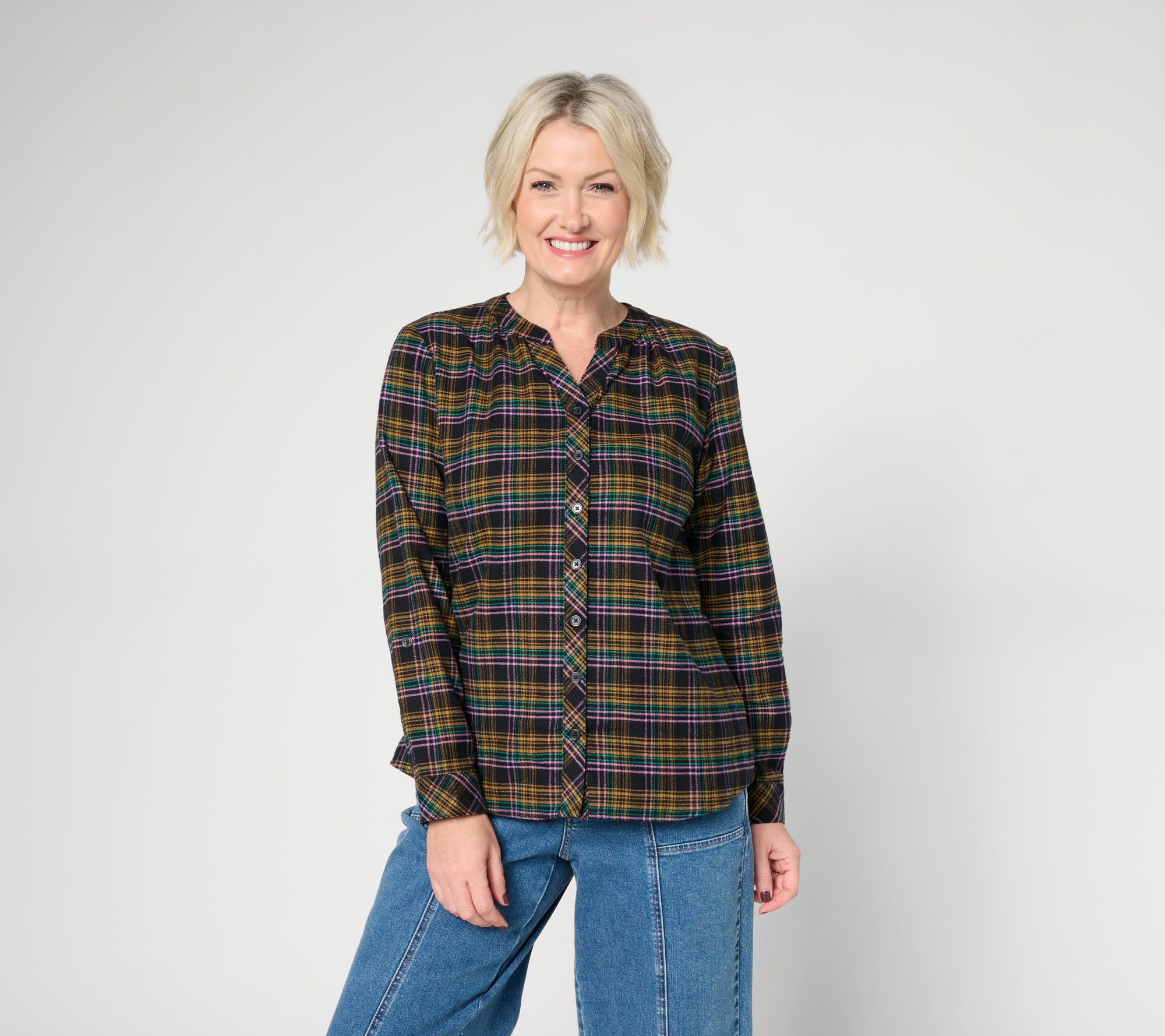 Joan Rivers Double Brushed Flannel Y-Neck Classic Shirt