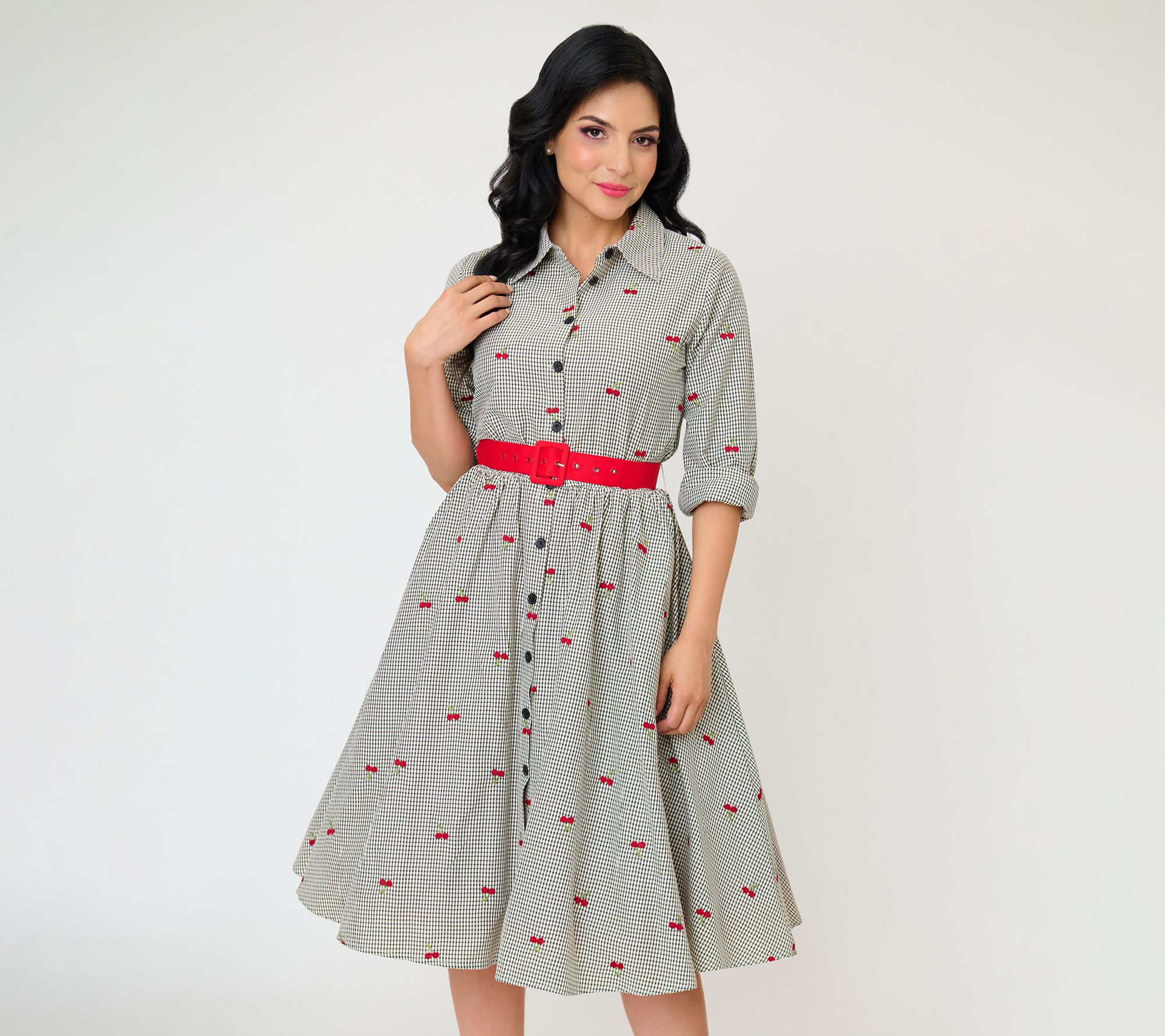 Unique Vintage Black Gingham w/ Cherries BeltedShirt Dress