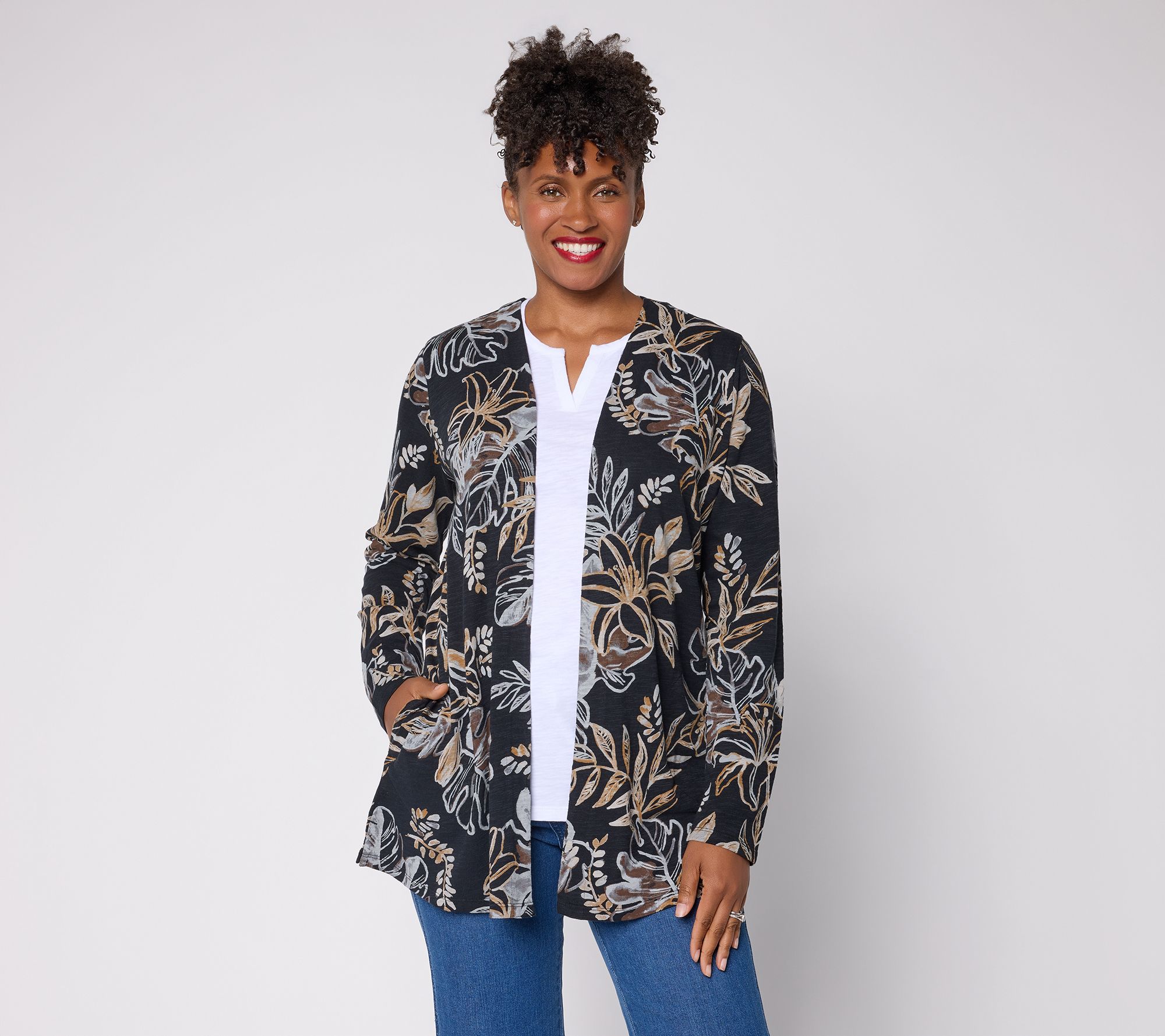 "As Is" Denim & Co. Pet Cotton Slub Open Front Cardigan