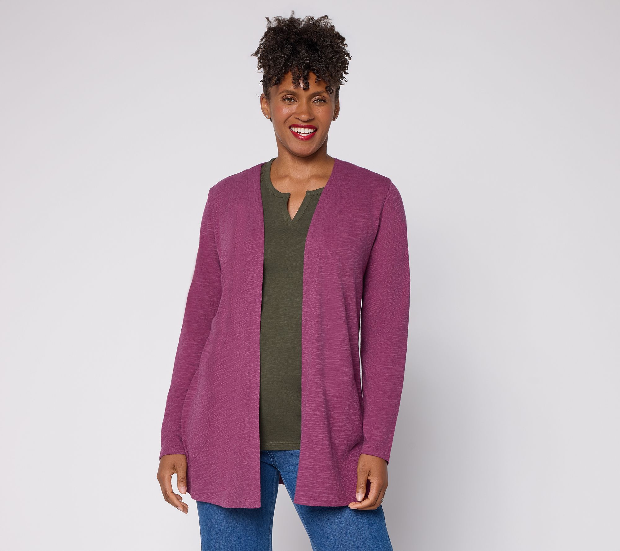 "As Is" Denim & Co. Pet Cotton Slub Open Front Cardigan