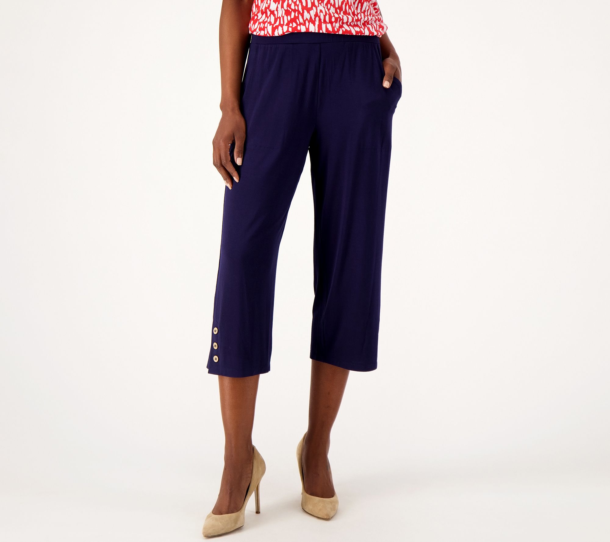 Susan Graver Lifestyle Spa Knit Pull-On Capri Pants w/ Button Detail ...