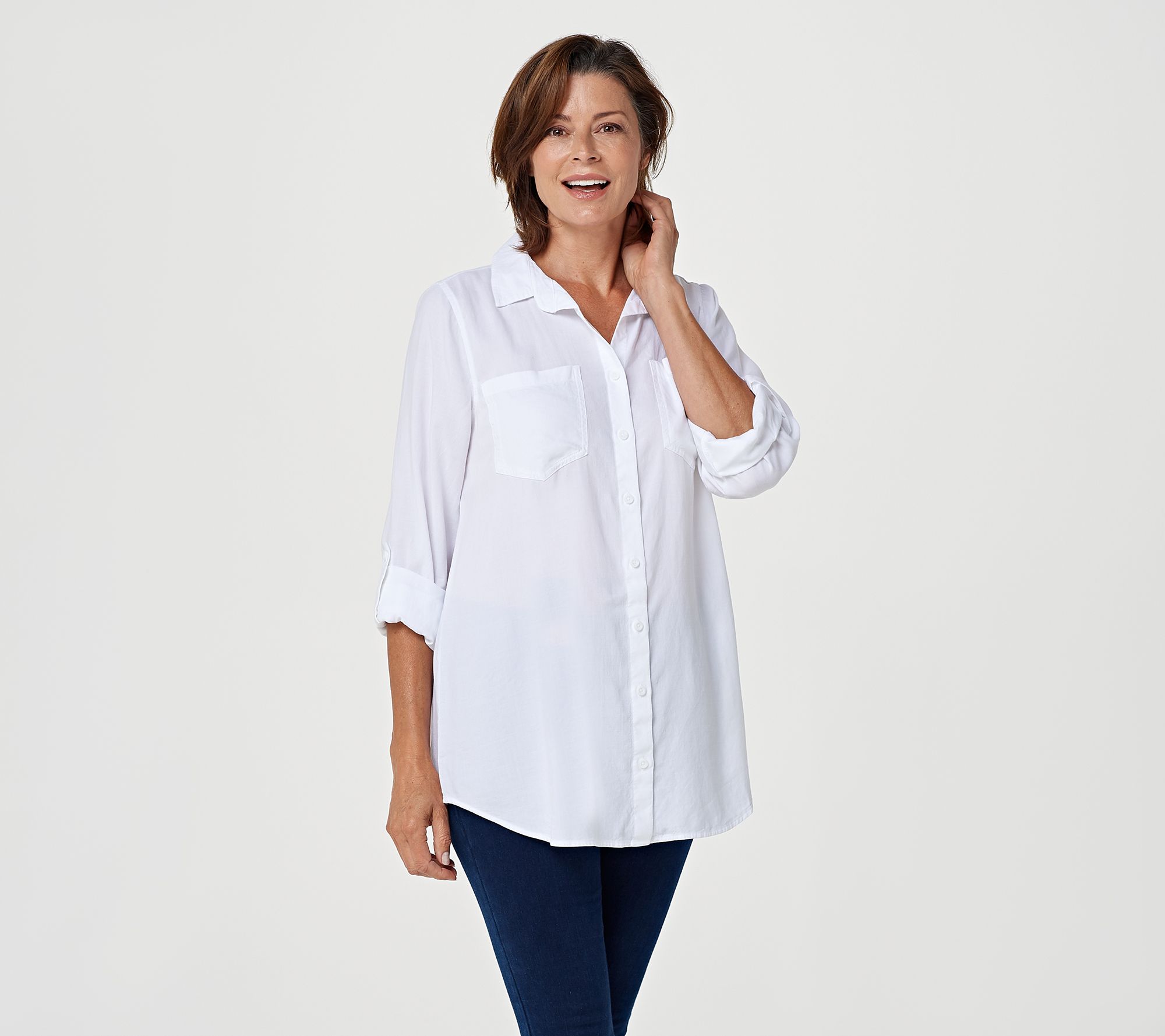 Side Stitch Button Front Tunic with Roll-Tab Sleeve - QVC.com
