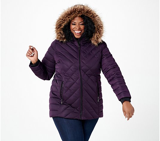Nuage Stretch Mixed Quilted Puffer Coat w/ Removable Faux Fur Hood