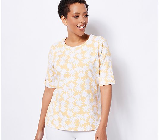 Denim & Co. Printed Perfect Jersey Elbow Sleeve Top w/ cuff Detail