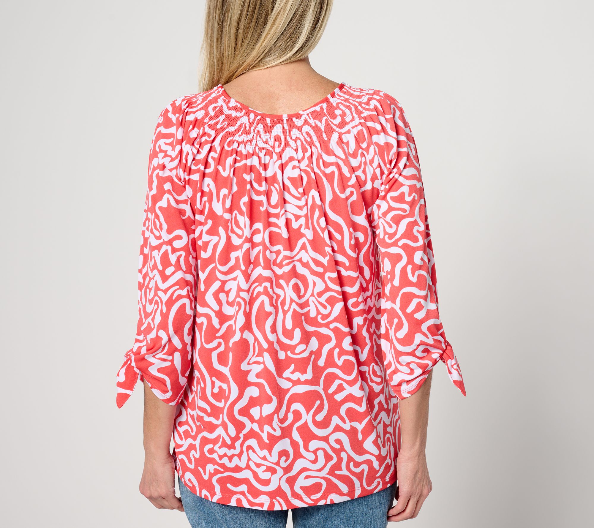 Susan Graver Printed Liquid Knit Smock-Neck 3/4-Sleeve Top with Tie Detail