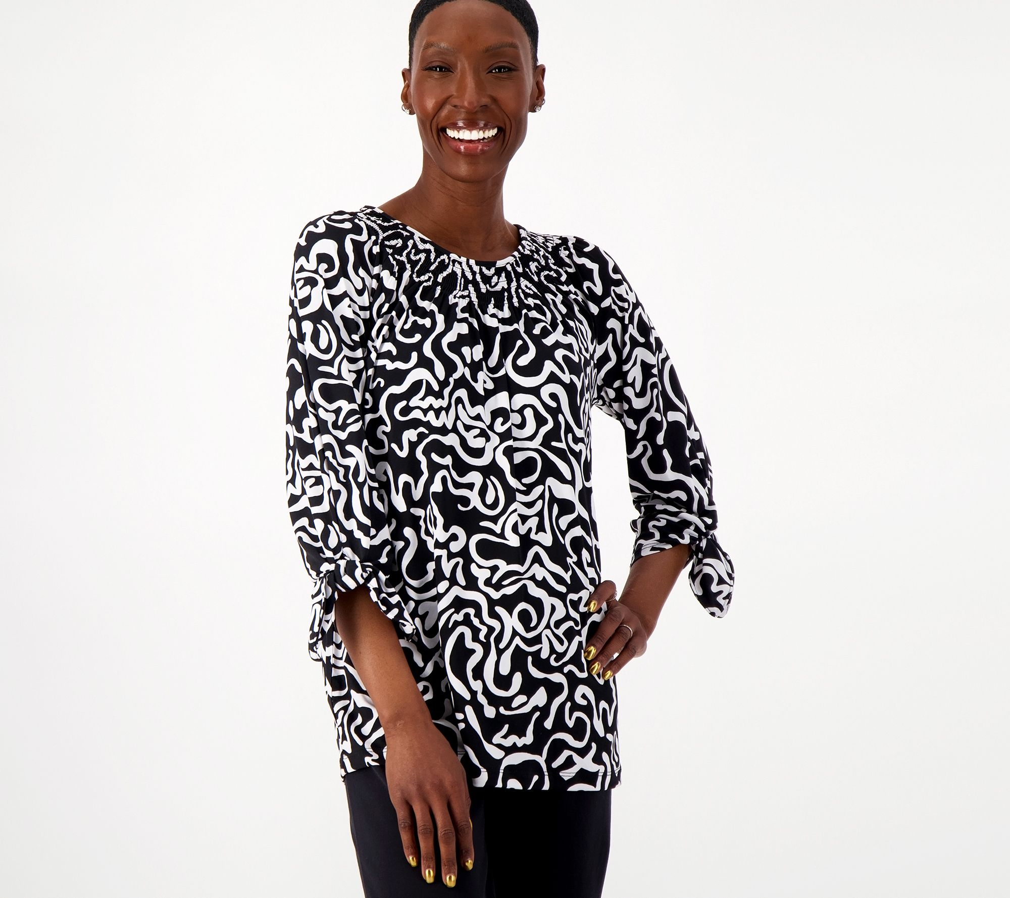 Susan Graver Printed Liquid Knit Smock-Neck 3/4-Sleeve Top with Tie Detail