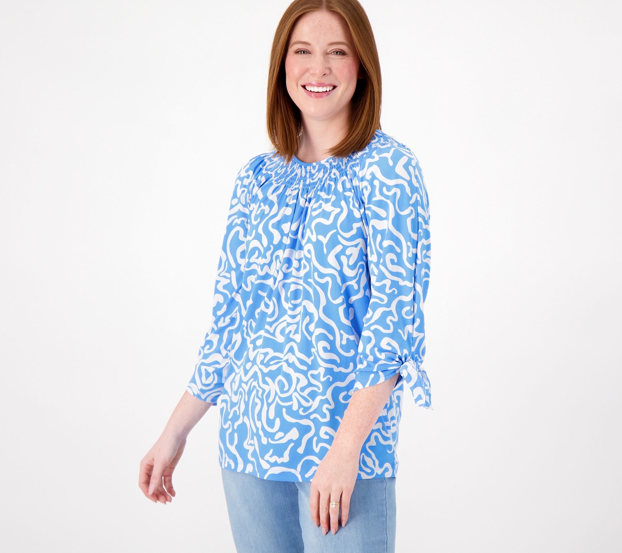 Susan Graver Printed Liquid Knit Smock-Neck 3/4-Sleeve Top with Tie Detail
