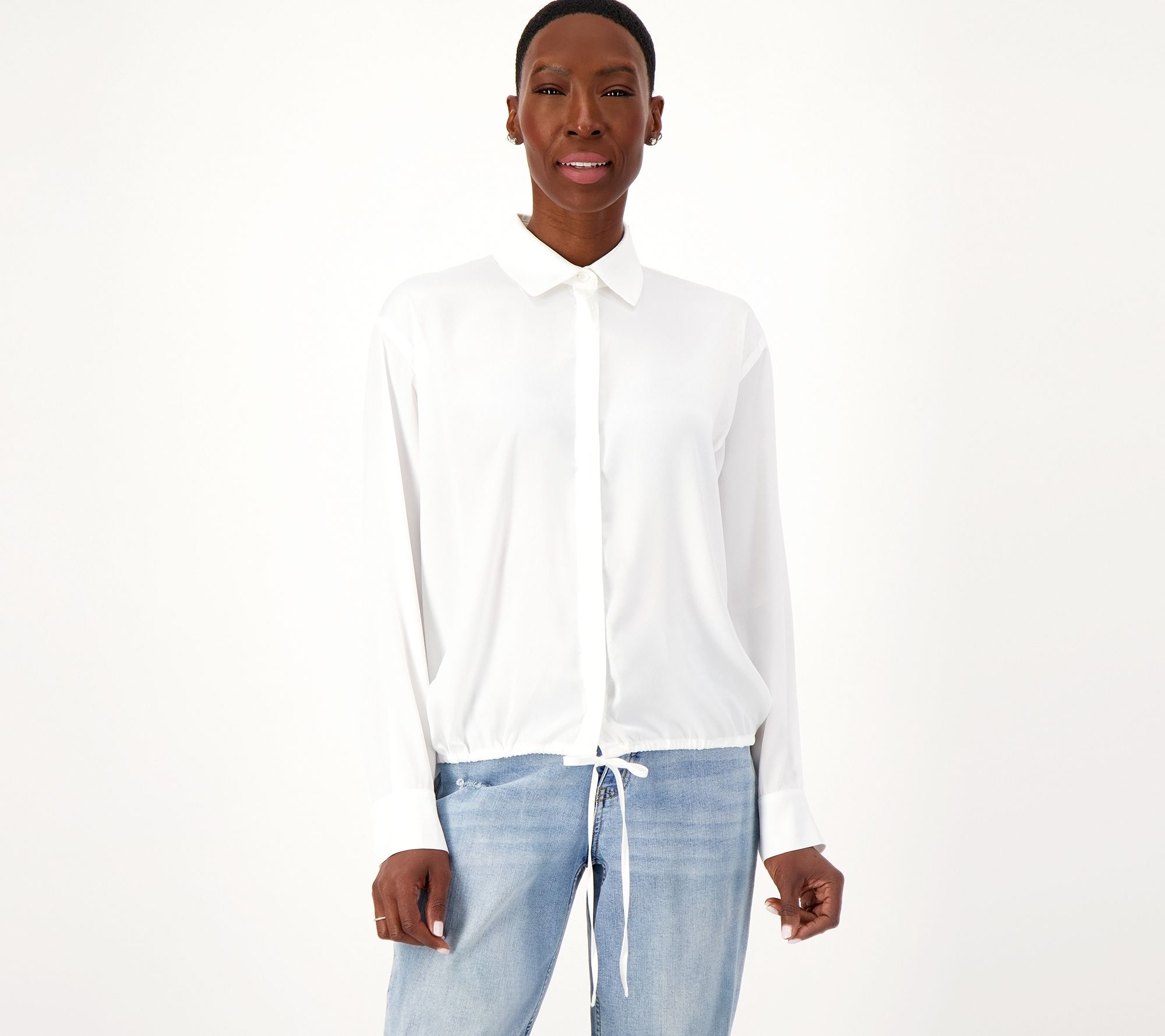 Attitudes by Renee Silky Satin Shirred Drape Back Shirt