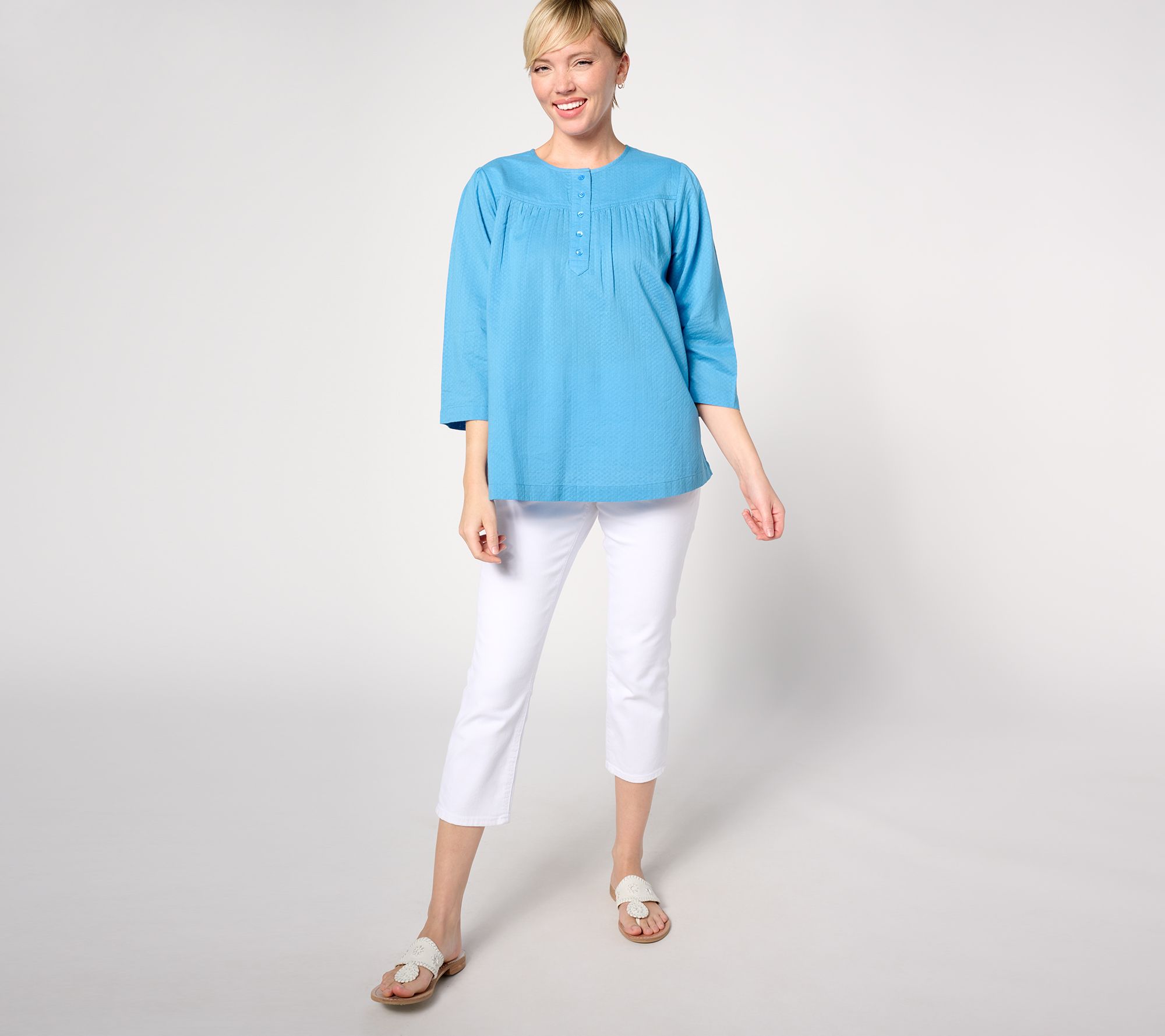 LOGO by Lori Goldstein Textured Woven Peasant Top - QVC.com