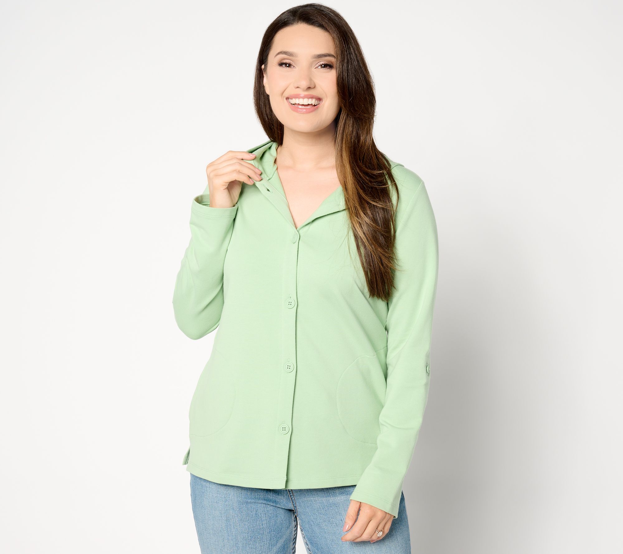 Denim & Co. Beach French Terry Roll Tab Sleeve Hooded Jacket