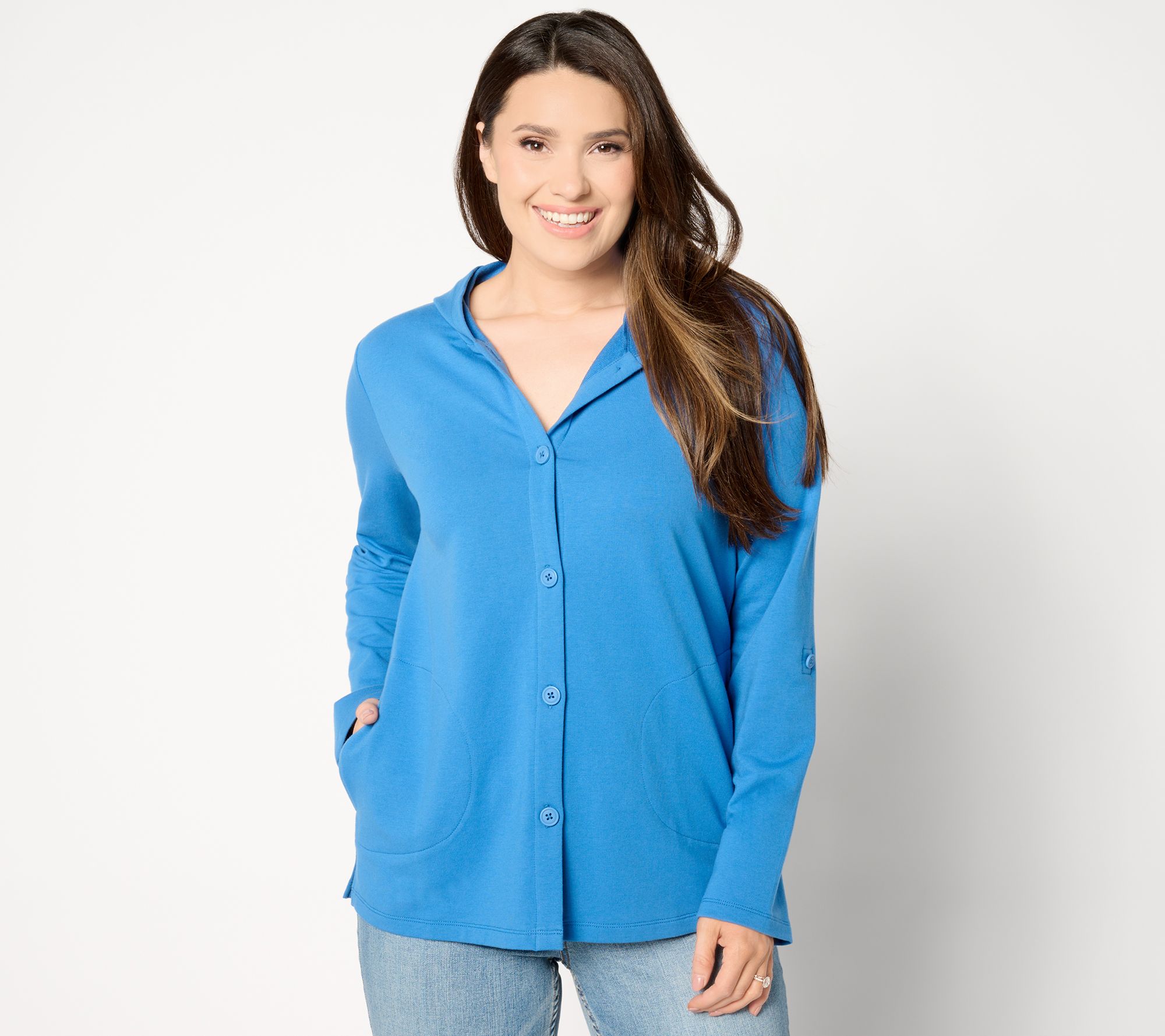 Denim & Co. Beach French Terry Roll Tab Sleeve Hooded Jacket